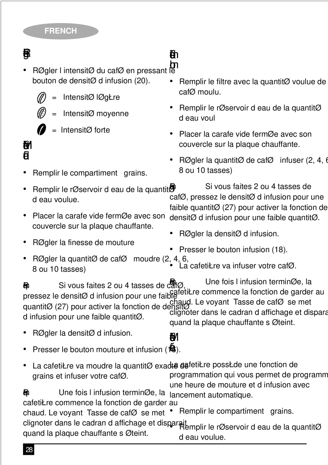 Black & Decker PRCM500 manual Réglage de la densité d’infusion, Mouture et infusion immédiates du café 