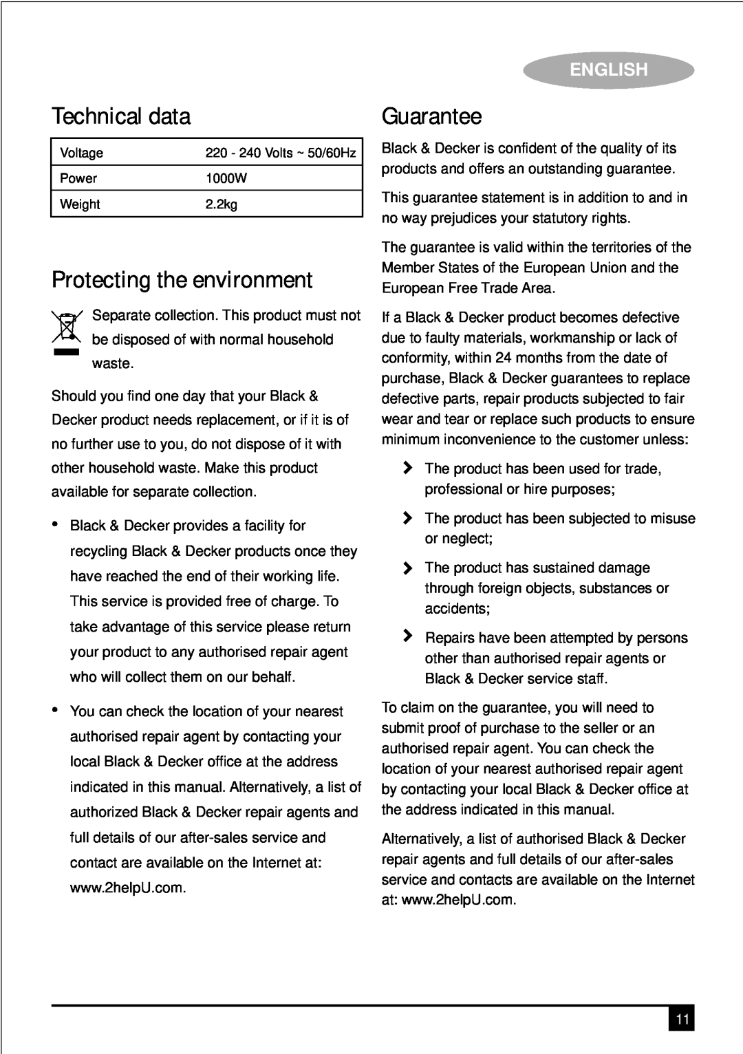 Black & Decker PRCM500 manual Technical data, Guarantee, Protecting the environment, English 