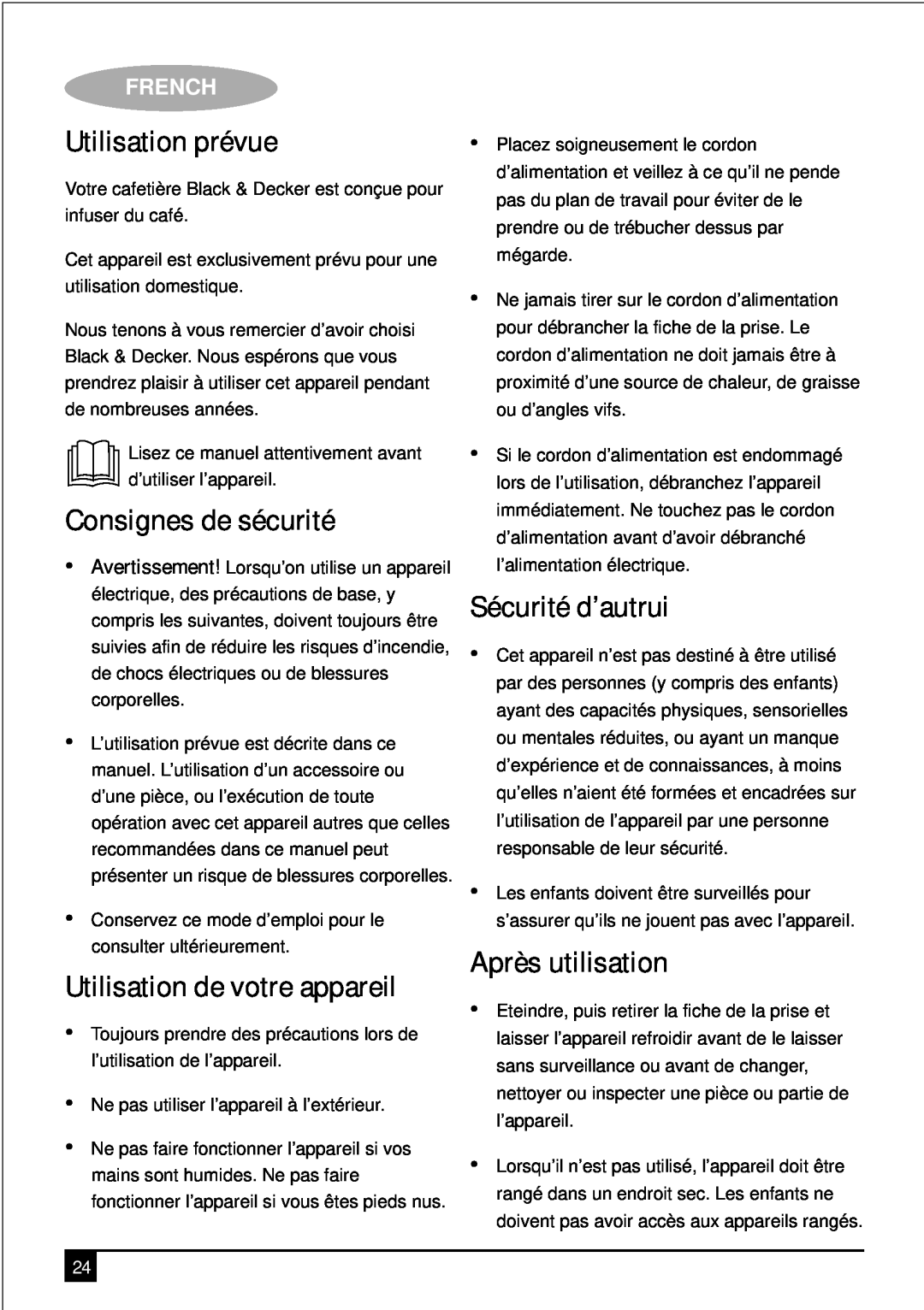 Black & Decker PRCM500 manual Utilisation prévue, Consignes de sécurité, Sécurité d’autrui, Après utilisation, French 