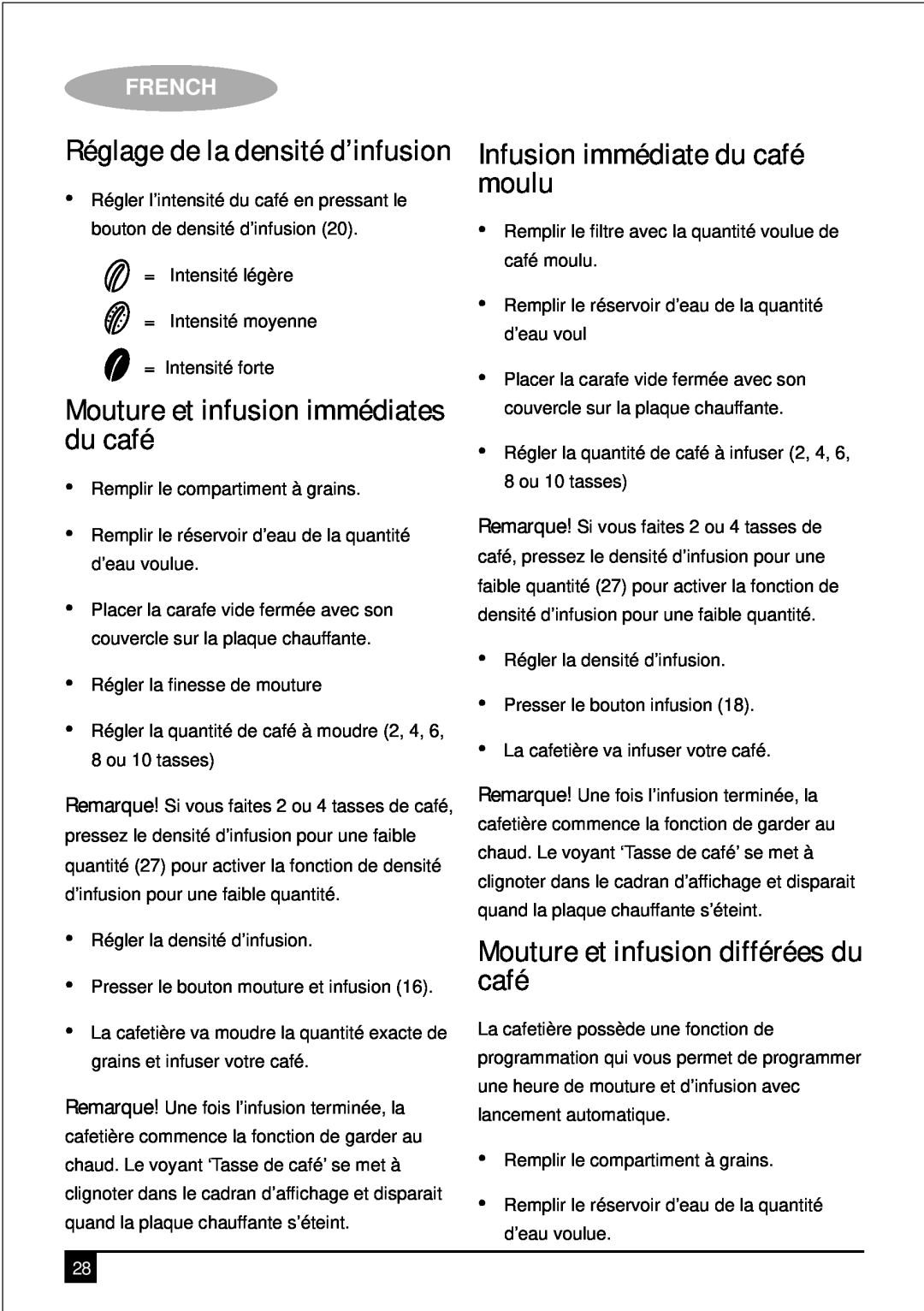 Black & Decker PRCM500 manual Mouture et infusion immédiates du café, Infusion immédiate du café moulu, French 