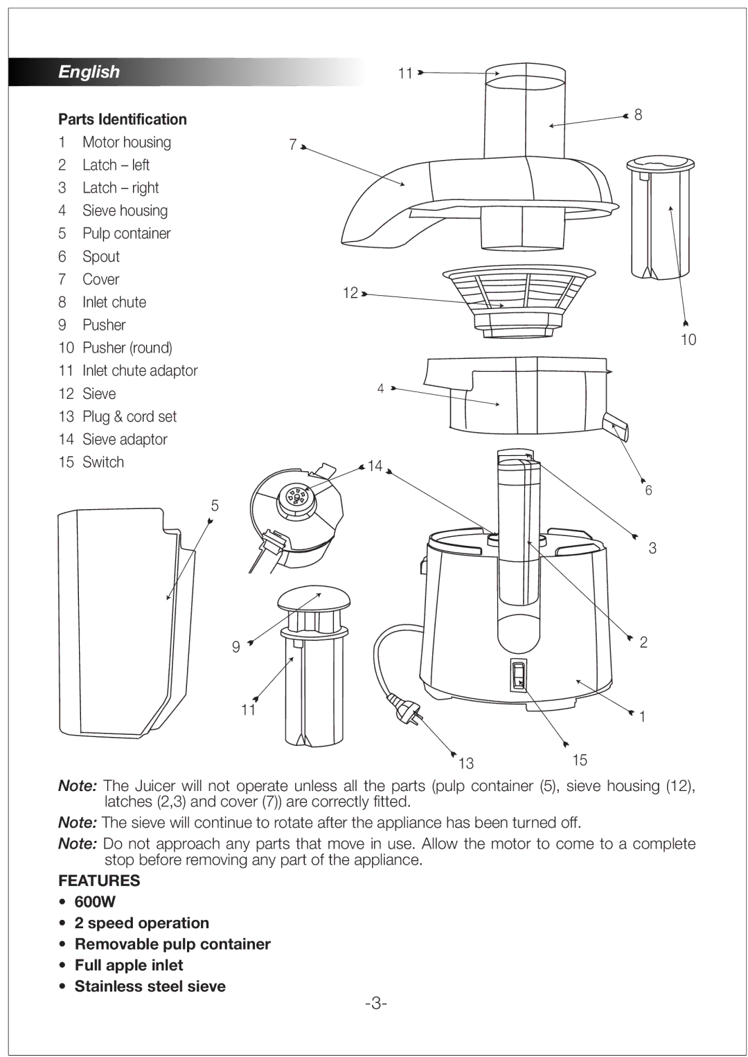 Black & Decker PRJE600 manual Parts Identification 