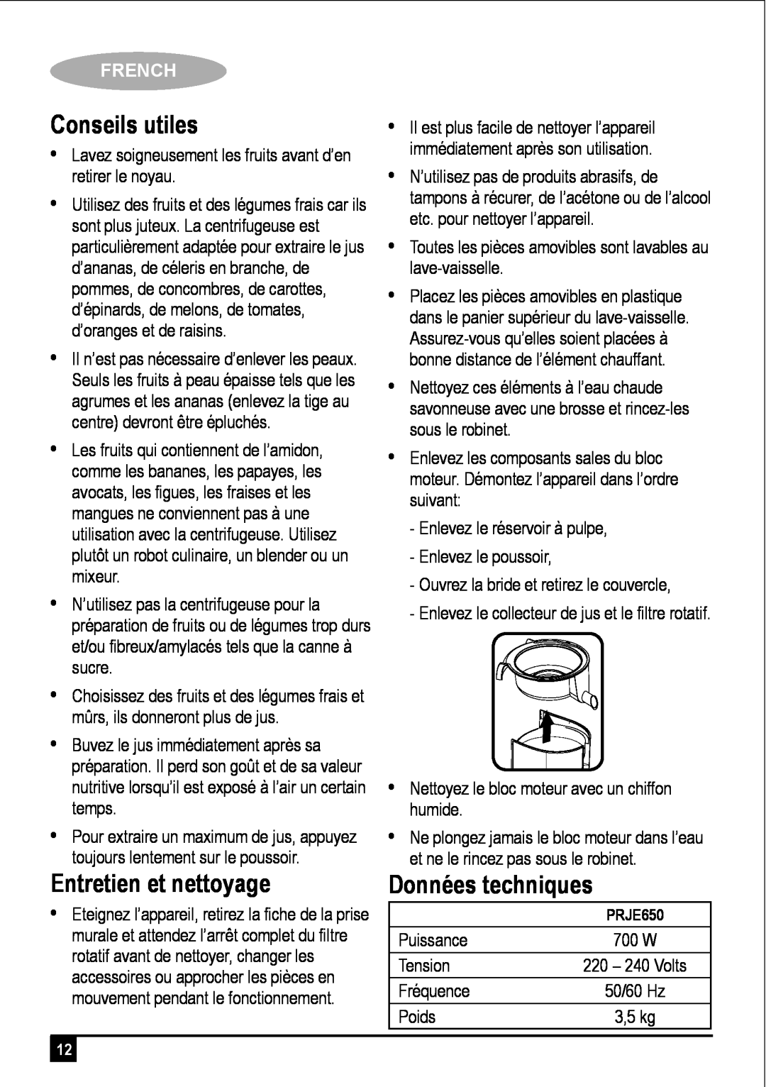 Black & Decker PRJE650 manual Conseils utiles, Entretien et nettoyage, French 