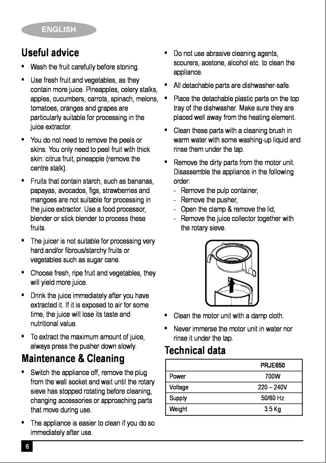 Black & Decker PRJE650 manual Useful advice, Maintenance & Cleaning, Technical data, English 