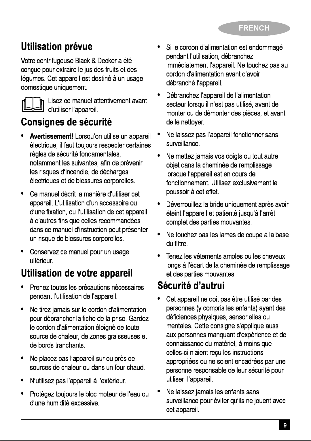 Black & Decker PRJE650 Utilisation prévue, Consignes de sécurité, Utilisation de votre appareil, Sécurité d’autrui, French 