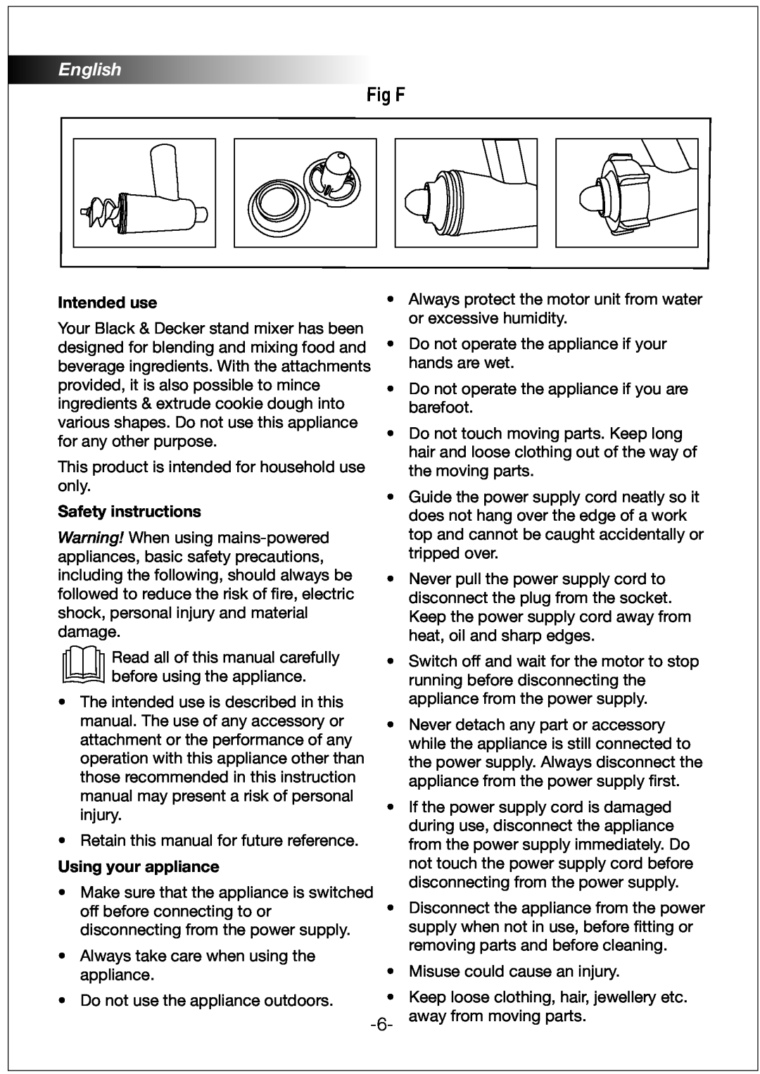 Black & Decker PRSM600 manual Fig F, English, Intended use, Safety instructions, Using your appliance 