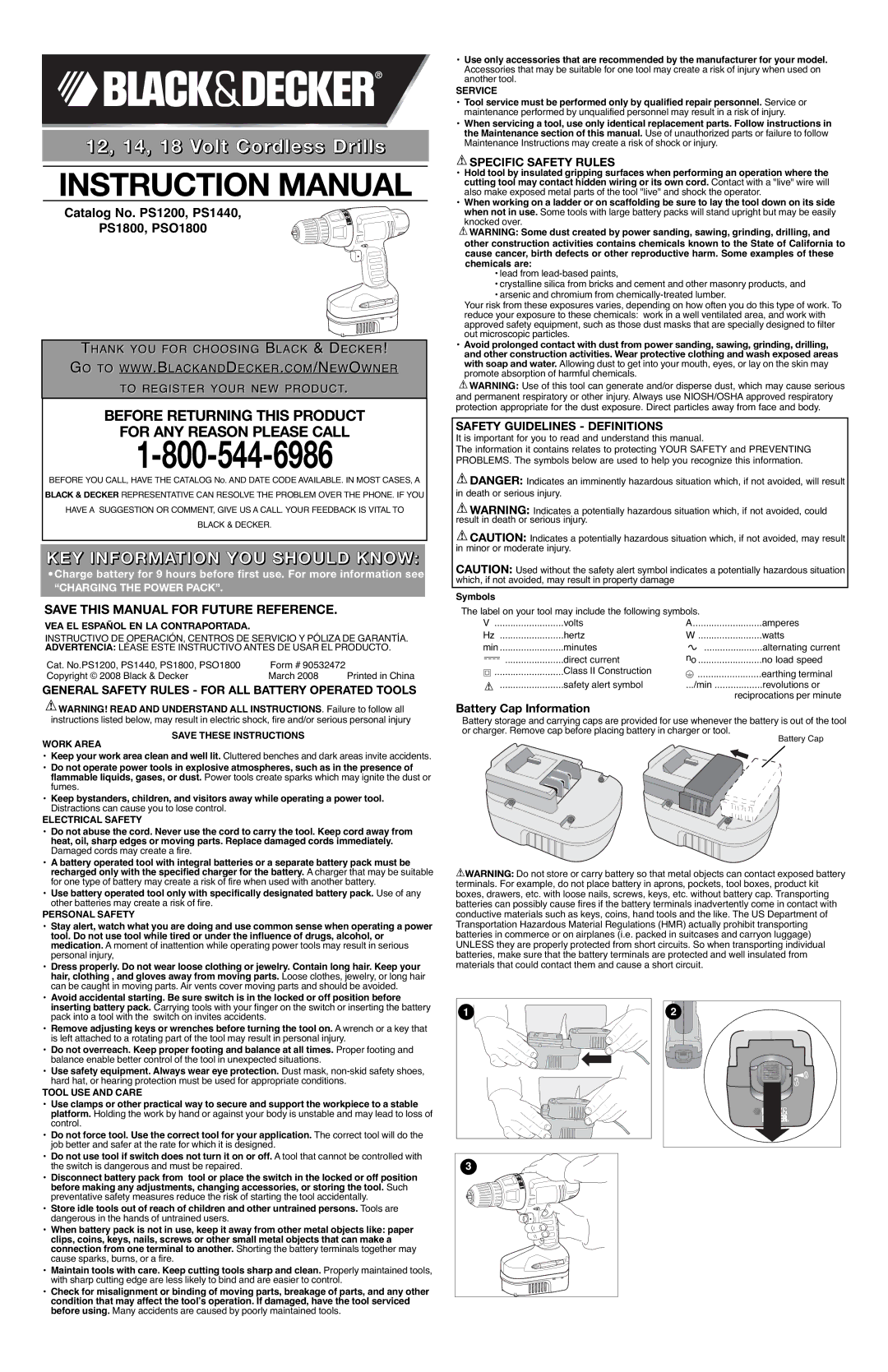 Black & Decker PS1200 instruction manual KEY Information YOU should Know, Specific Safety Rules, Battery Cap Information 