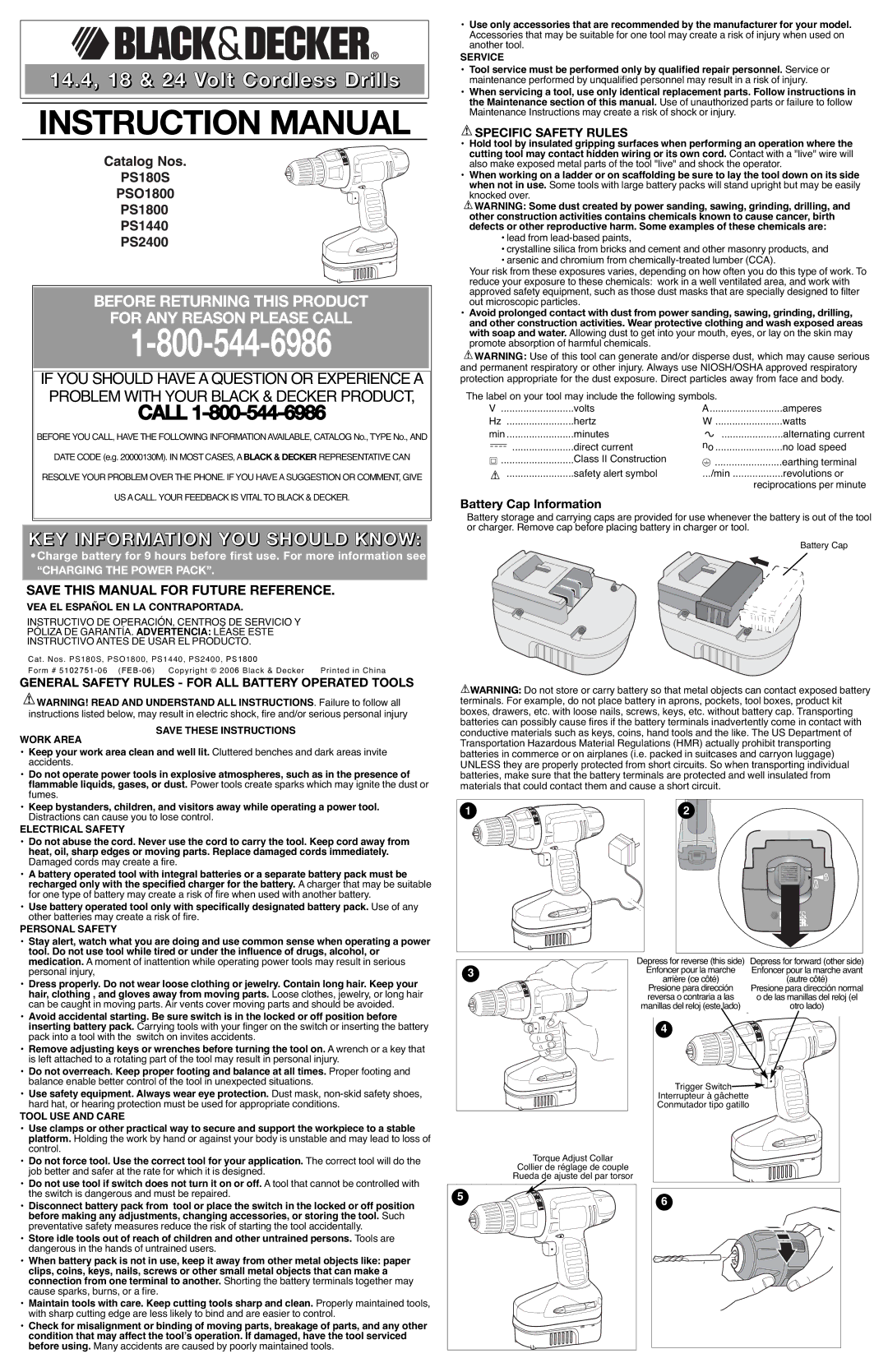 Black & Decker PS2400 instruction manual KEY Information YOU should Know, Specific Safety Rules, Battery Cap Information 