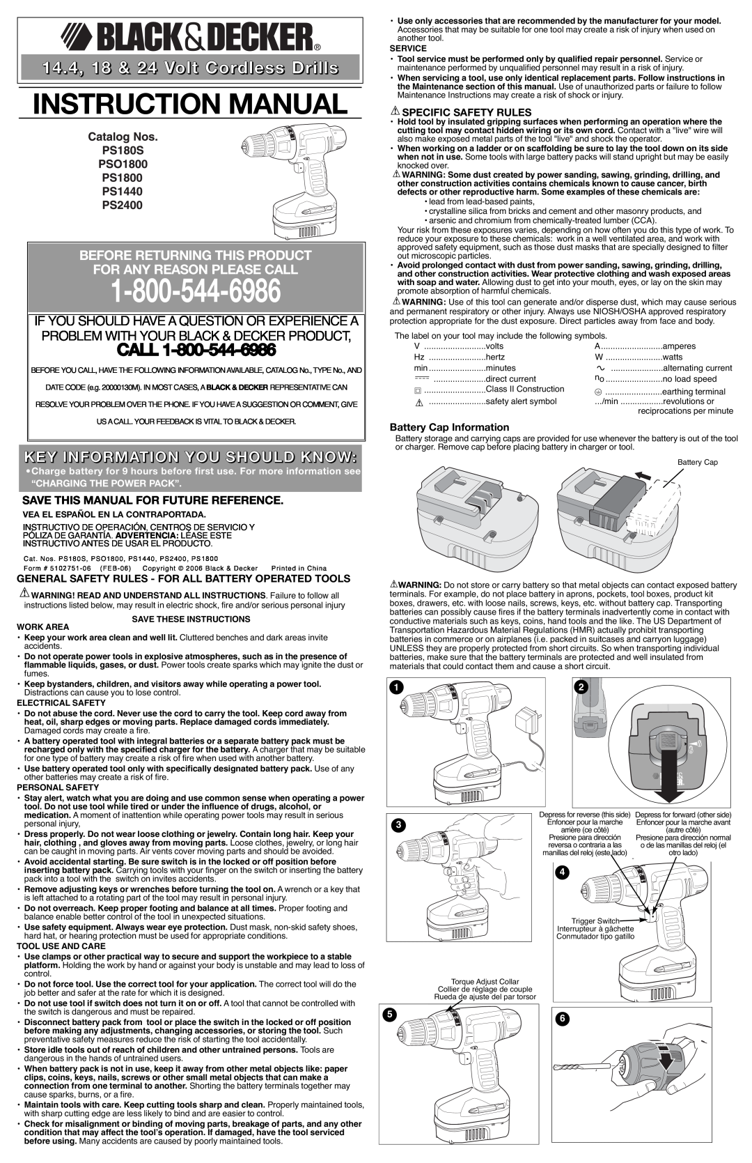 Black & Decker PS2400 instruction manual Key Information You Should Know, Specific Safety Rules, Battery Cap Information 