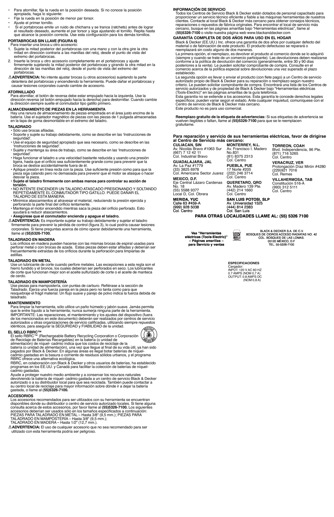 Black & Decker PS180S, PS2400 instruction manual PARA OTRAS LOCALIDADES LLAME AL 55 5326 