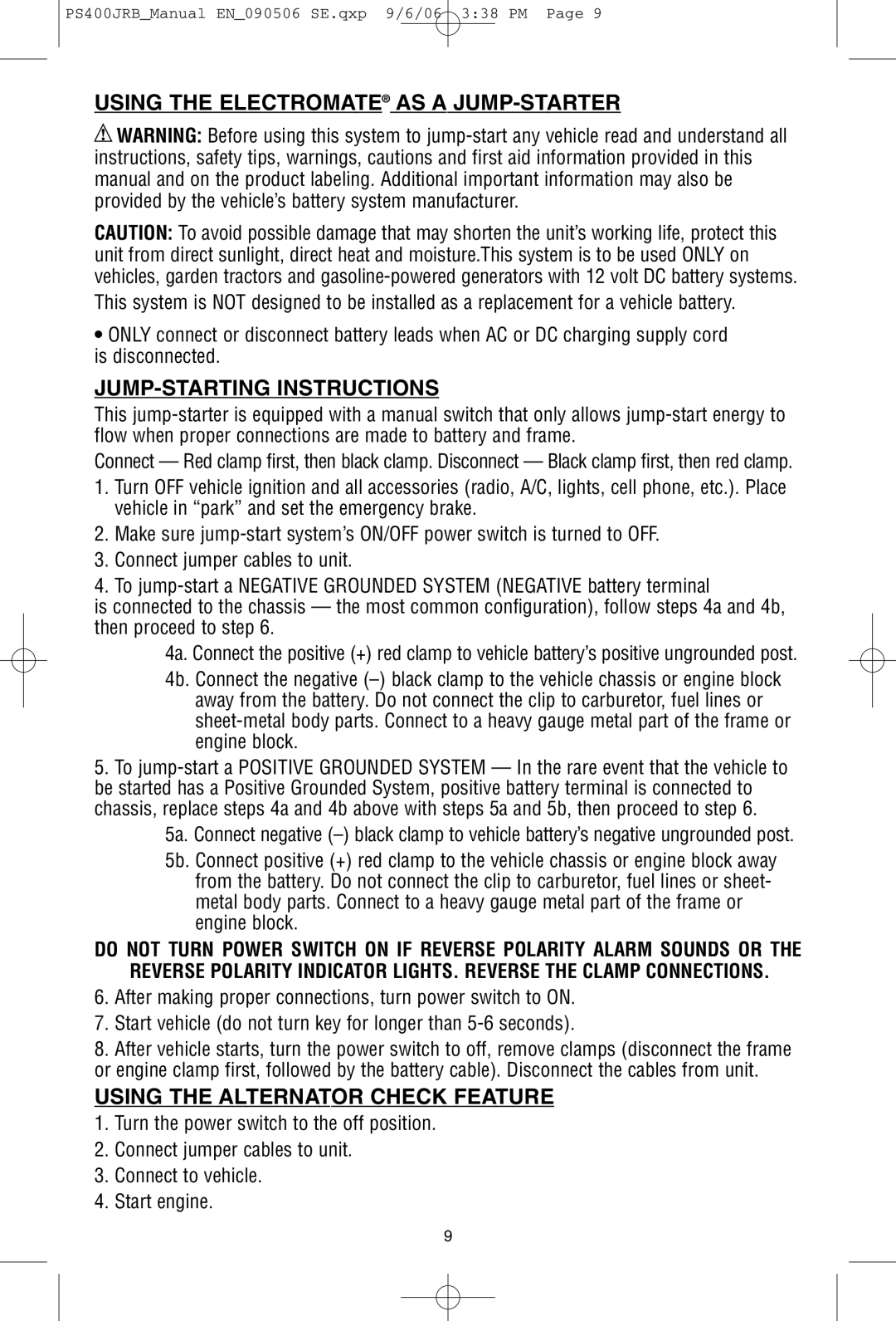 Black & Decker PS400JRB instruction manual Using the Electromate AS a JUMP-STARTER, JUMP-STARTING Instructions 