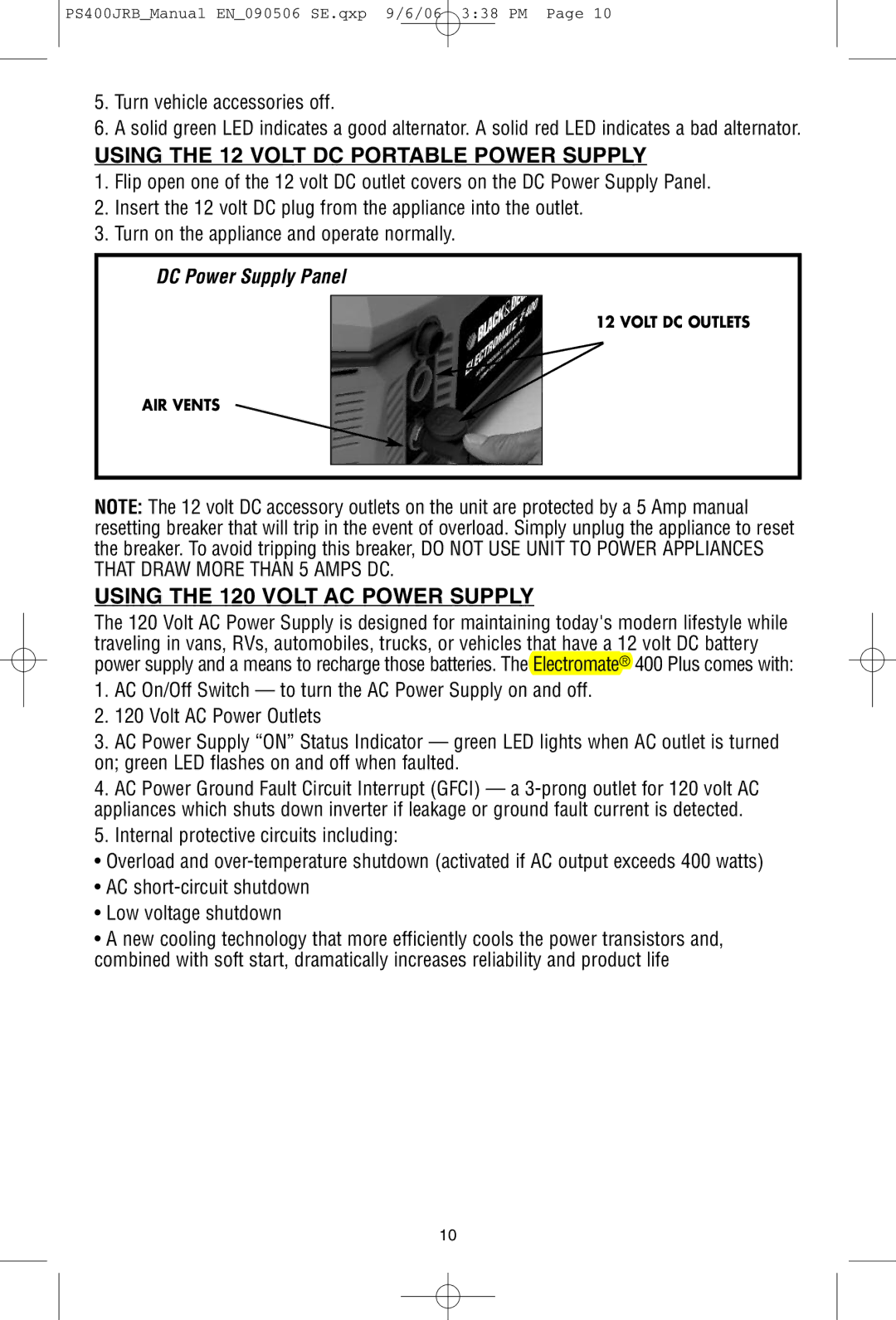 Black & Decker PS400JRB instruction manual Using the 12 Volt DC Portable Power Supply, Using the 120 Volt AC Power Supply 