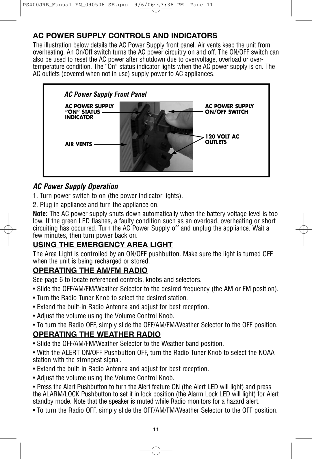 Black & Decker PS400JRB AC Power Supply Controls and Indicators, AC Power Supply Operation, Using the Emergency Area Light 