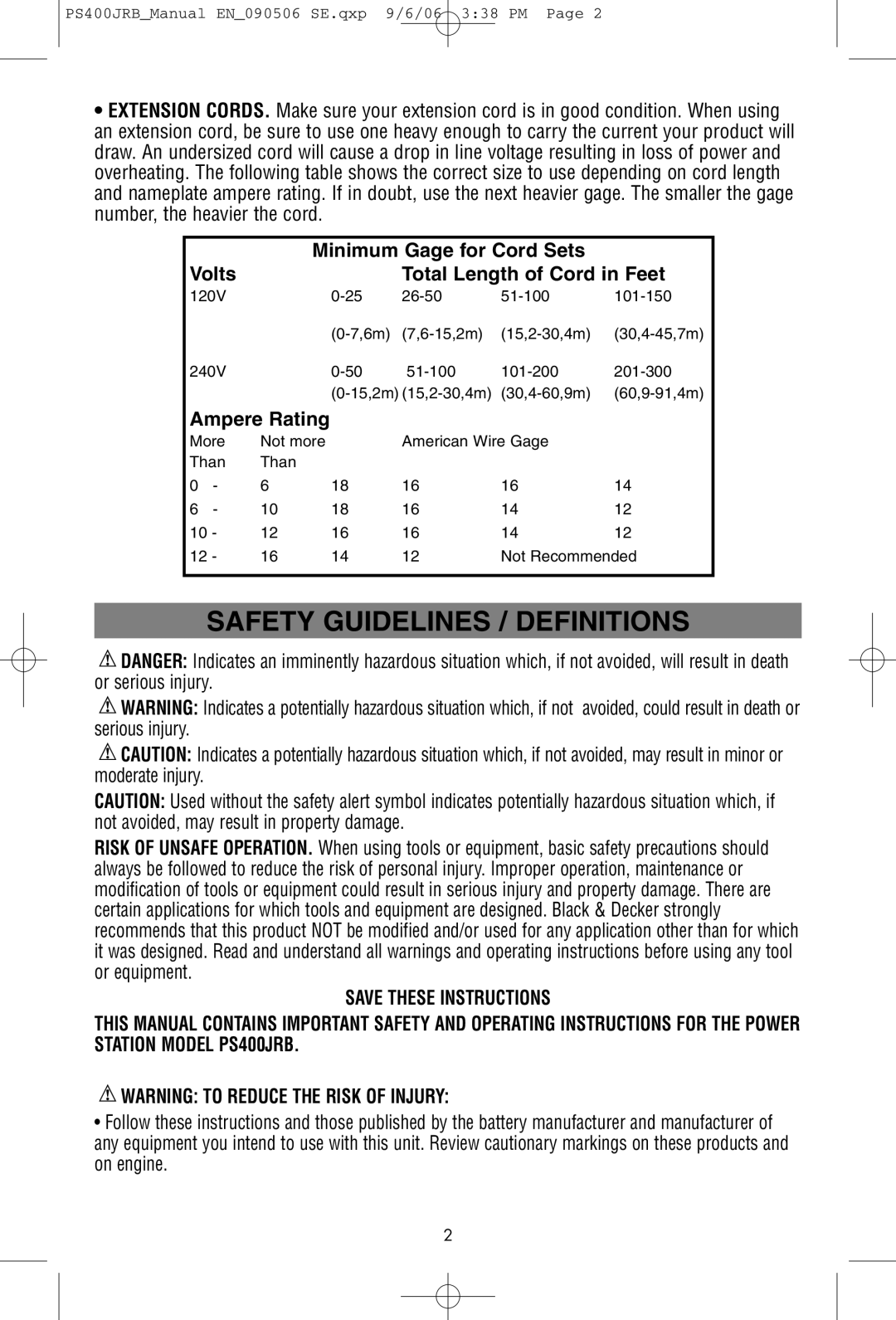 Black & Decker PS400JRB instruction manual Safety Guidelines / Definitions 