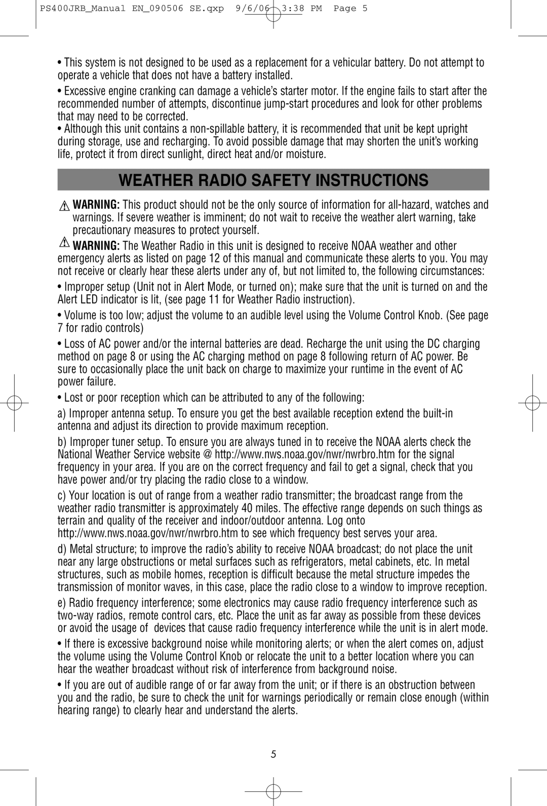 Black & Decker PS400JRB instruction manual Weather Radio Safety Instructions 