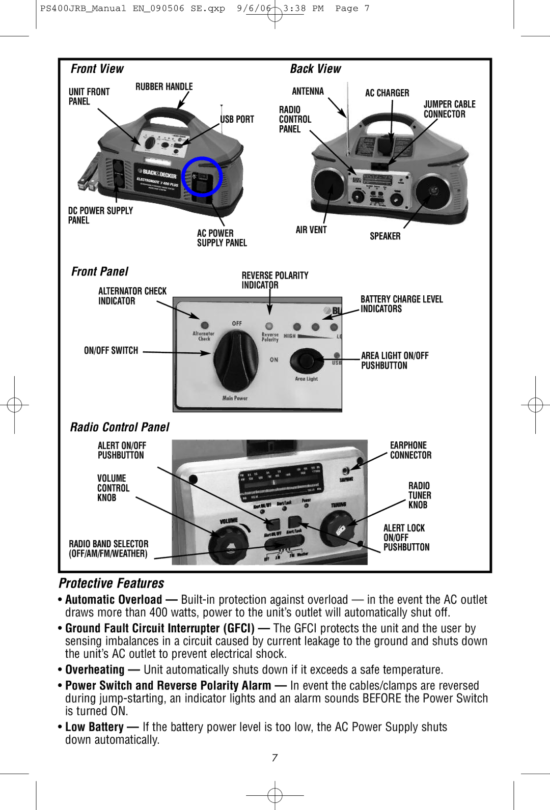 Black & Decker PS400JRB instruction manual Protective Features, Front View Back View 