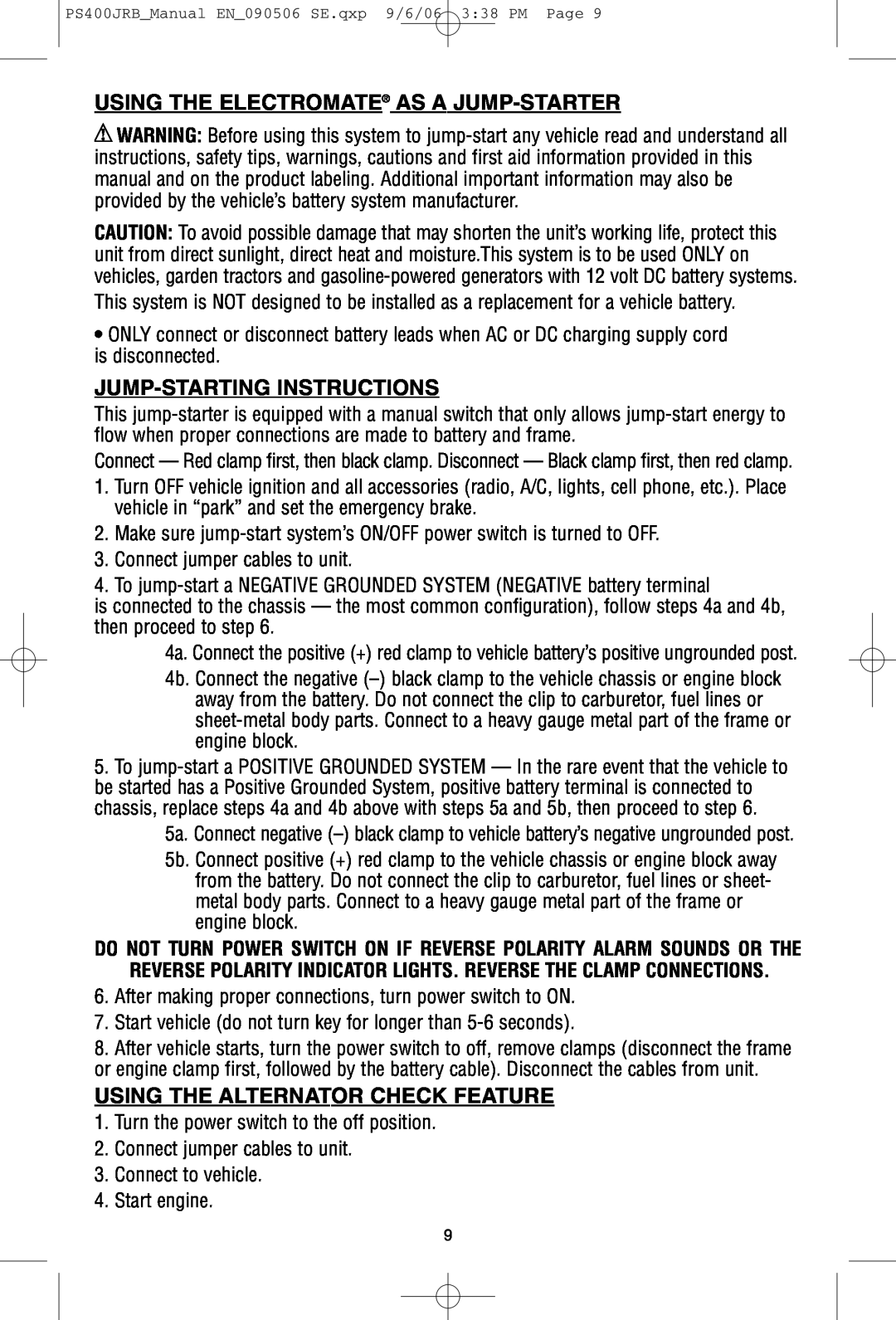 Black & Decker PS400JRB instruction manual Using The Electromate As A Jump-Starter, Jump-Starting Instructions 