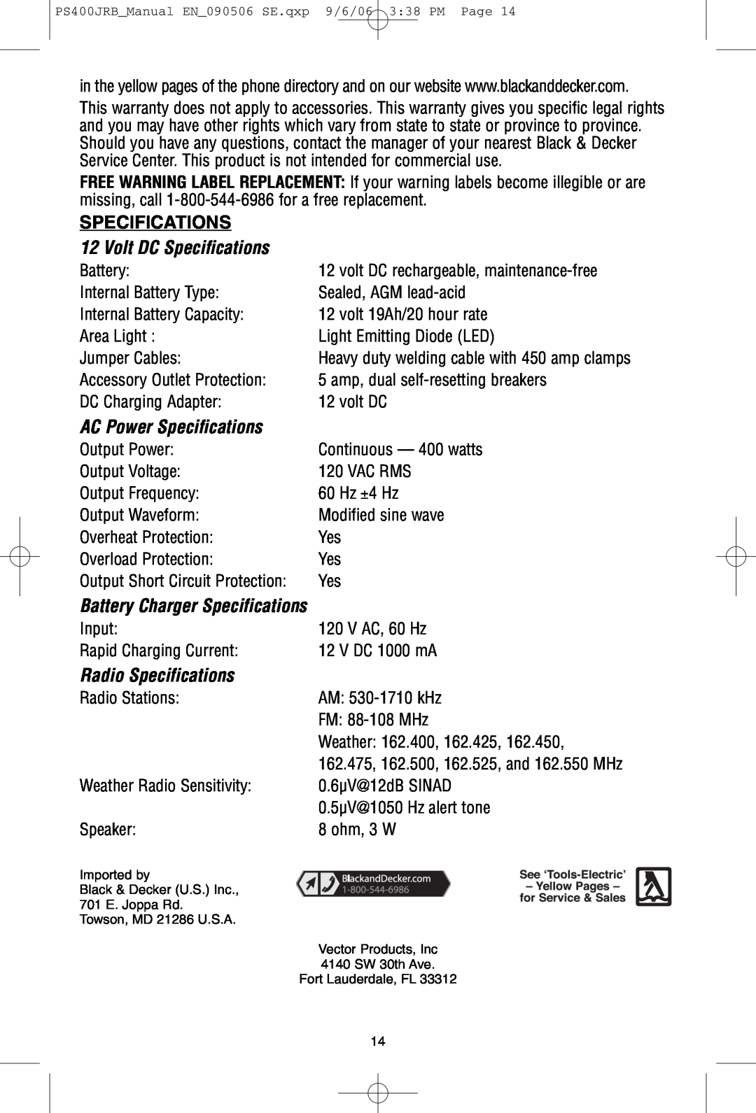 Black & Decker PS400JRB Volt DC Specifications, AC Power Specifications, Battery Charger Specifications 