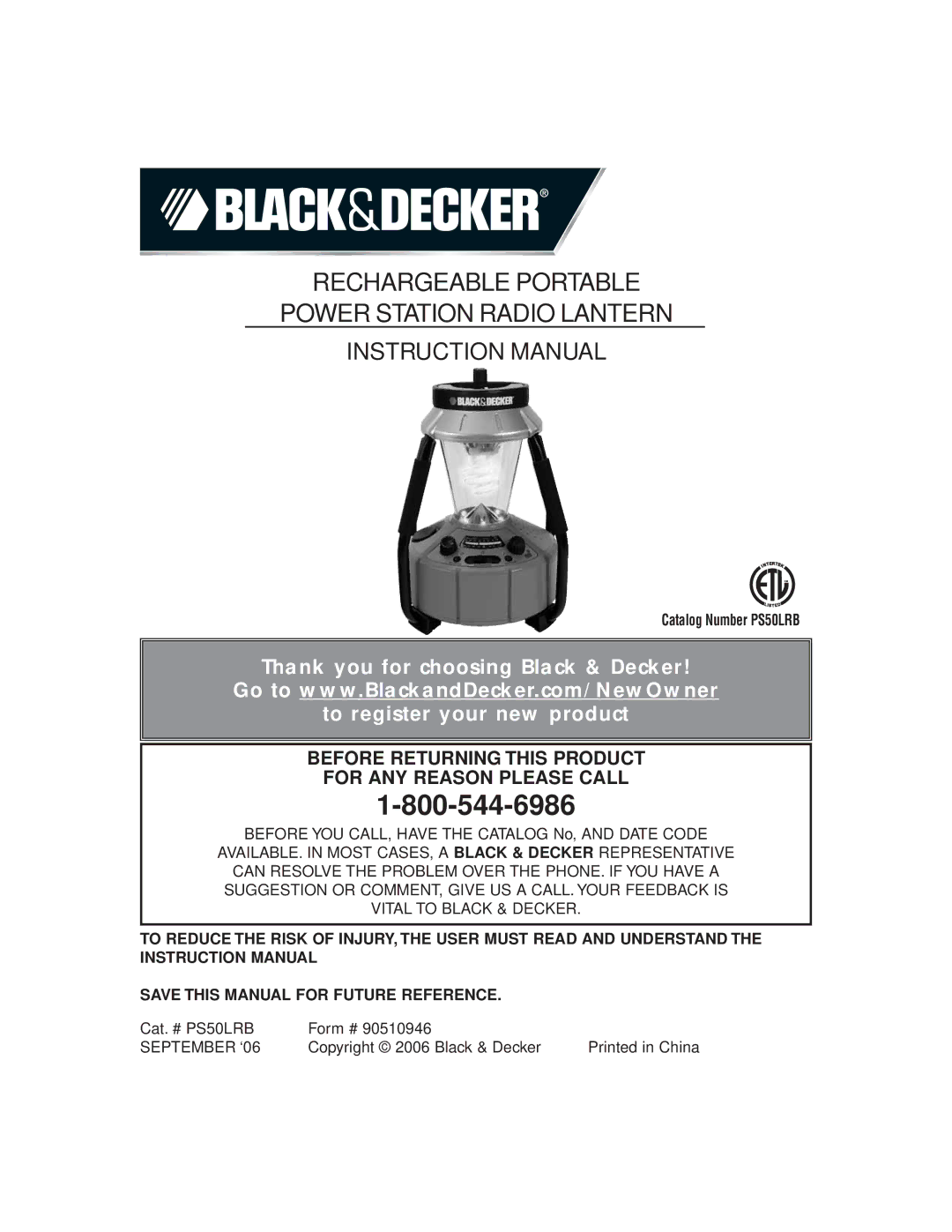 Black & Decker PS50LRB instruction manual Rechargeable Portable Power Station Radio Lantern 