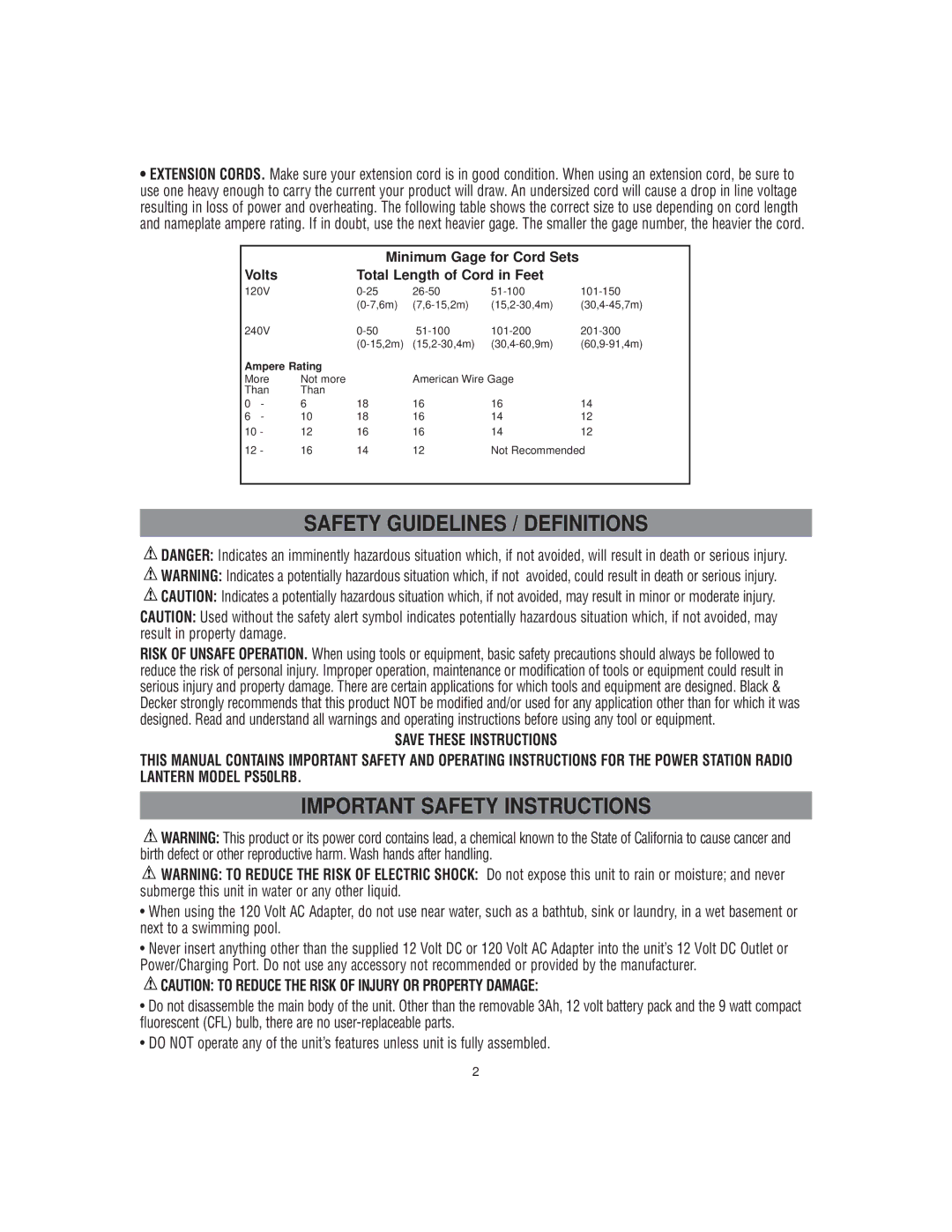 Black & Decker PS50LRB instruction manual Safety Guidelines / Definitions 