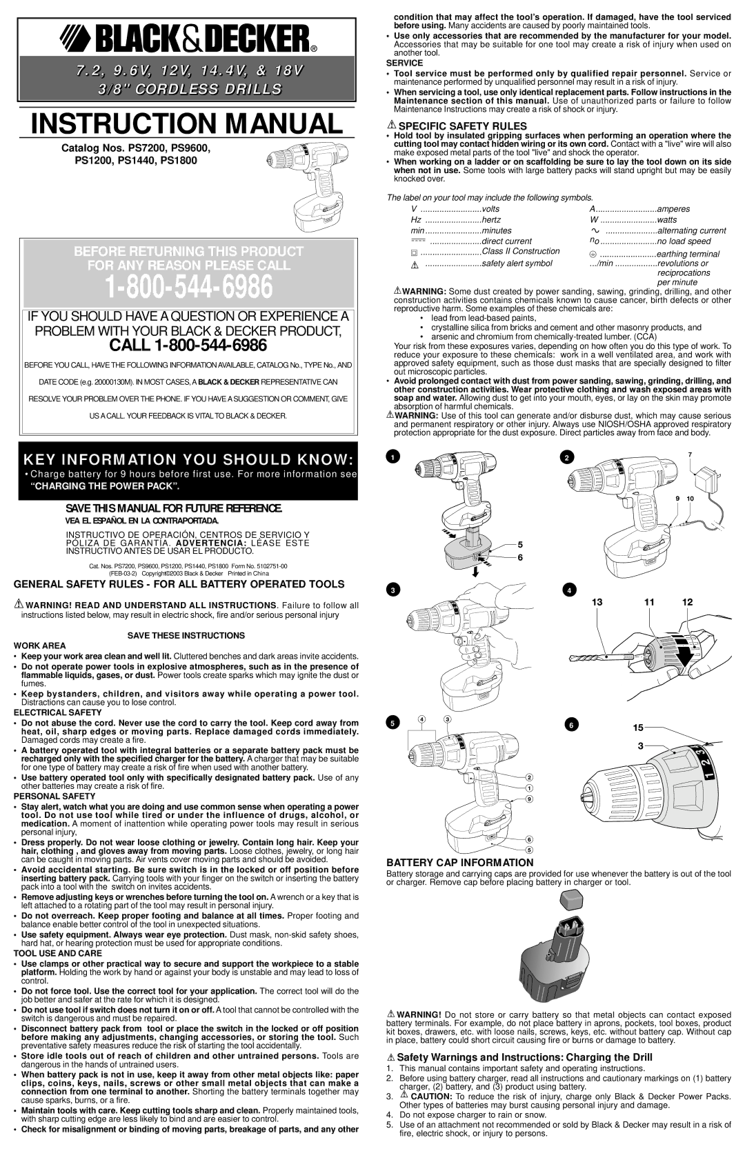 Black & Decker 5102751-00 instruction manual General Safety Rules for ALL Battery Operated Tools, Specific Safety Rules 