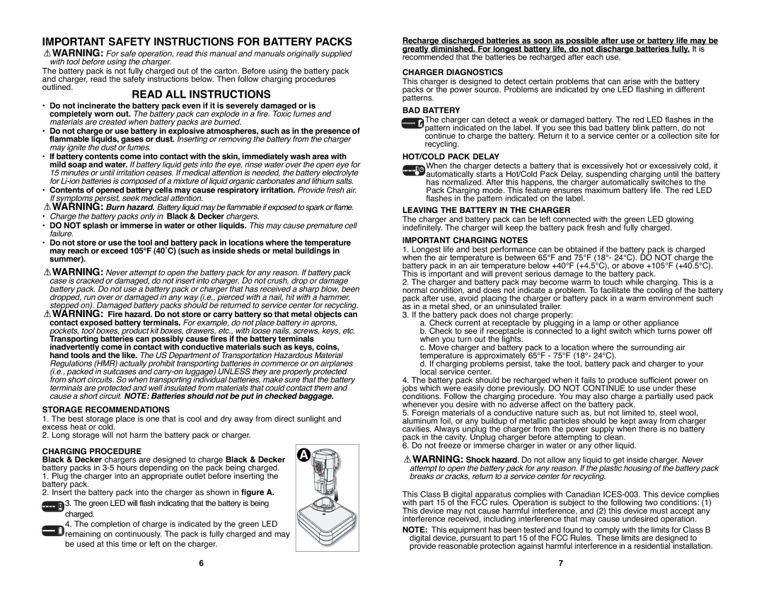 Black & Decker PSL12 Storage Recommendations, Charging Procedure, Charger Diagnostics, BAD Battery, HOT/COLD Pack Delay 