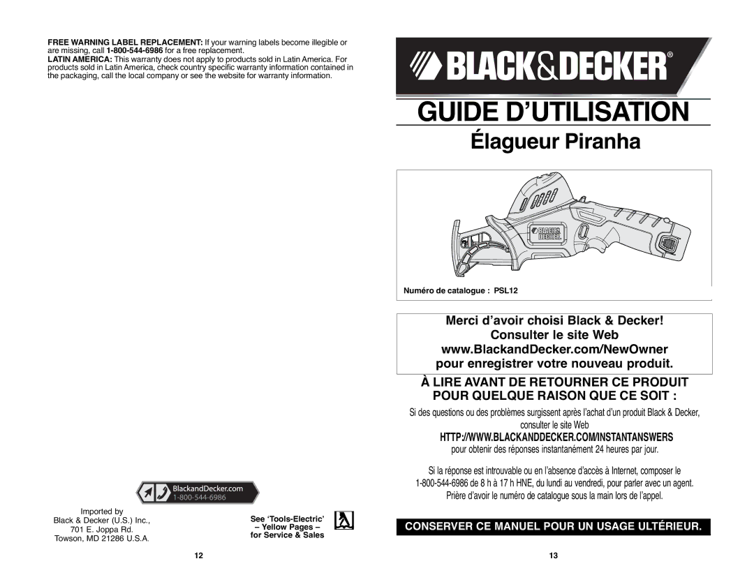 Black & Decker instruction manual See ʻTools-Electricʼ, Numéro de catalogue PSL12 