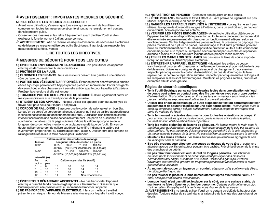 Black & Decker PSL12 Avertissement Importantes Mesures DE Sécurité, Règles de sécurité spécifiques, Protéger DE LA Pluie 