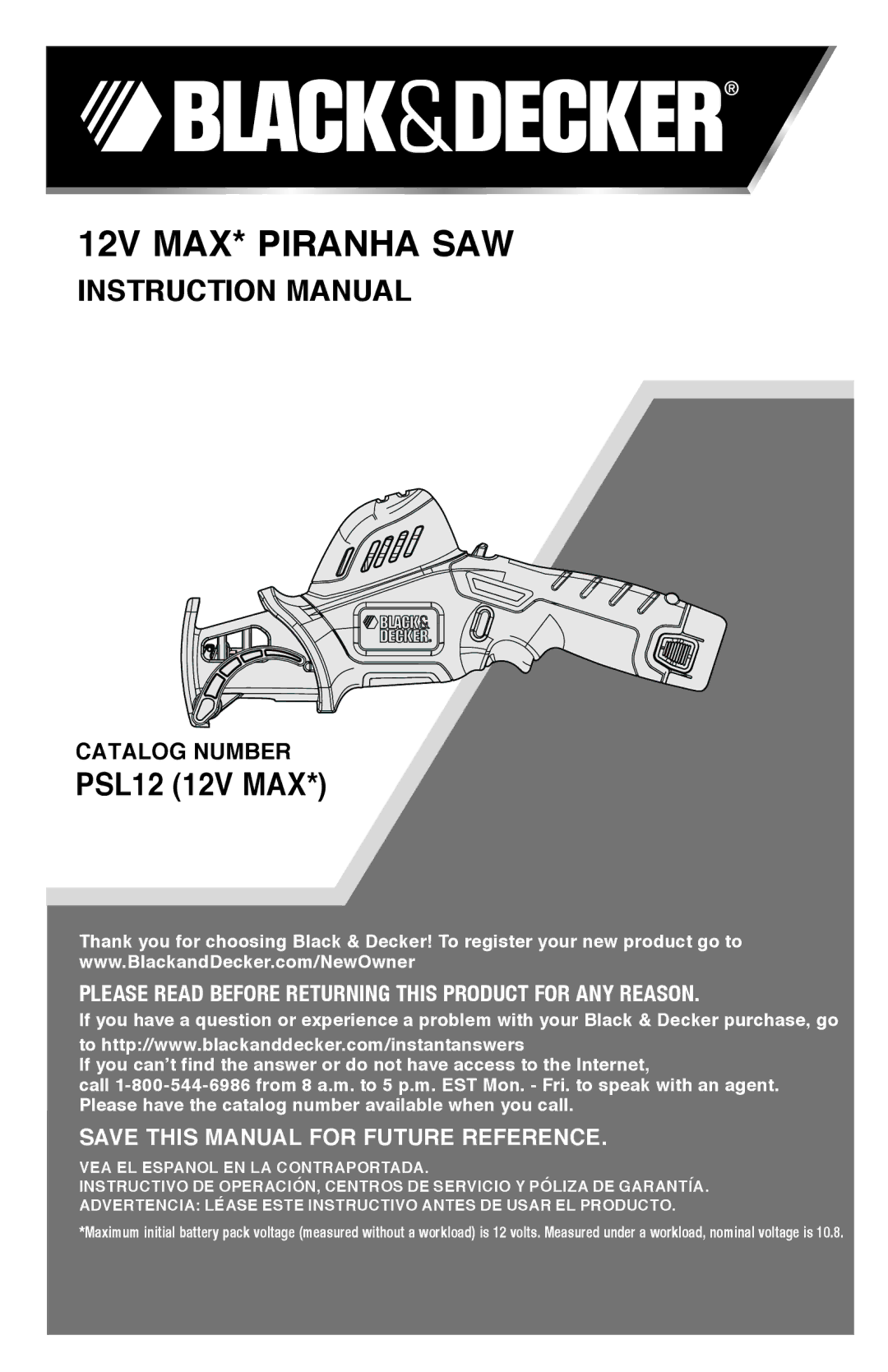 Black & Decker PSL12 instruction manual 12V max* Piranha SAW 