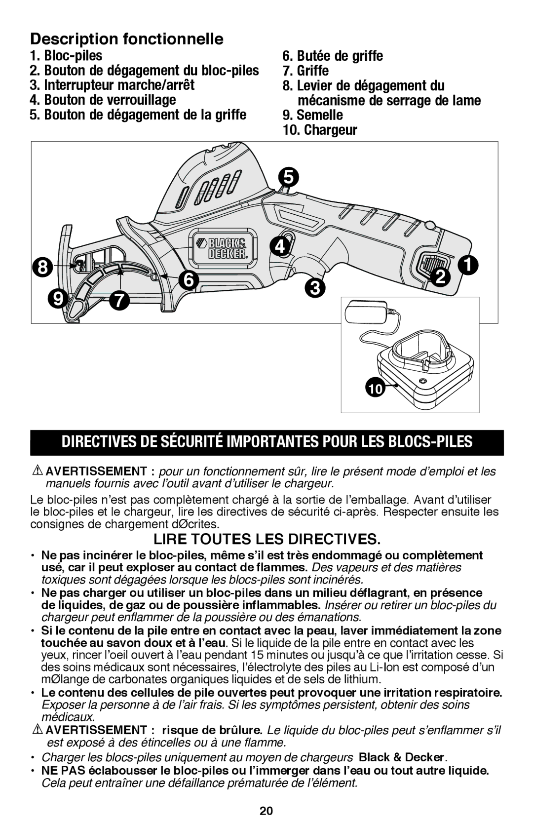 Black & Decker PSL12 instruction manual Directives de sécurité importantes pour les blocs-piles 