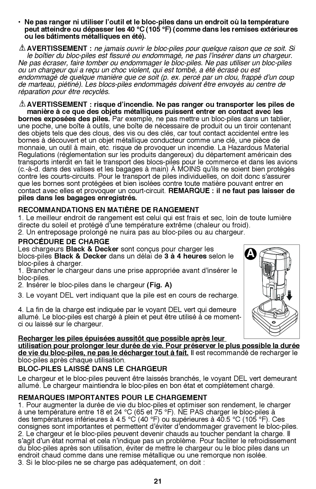 Black & Decker PSL12 instruction manual Recommandations en matière de rangement, Procédure de charge 