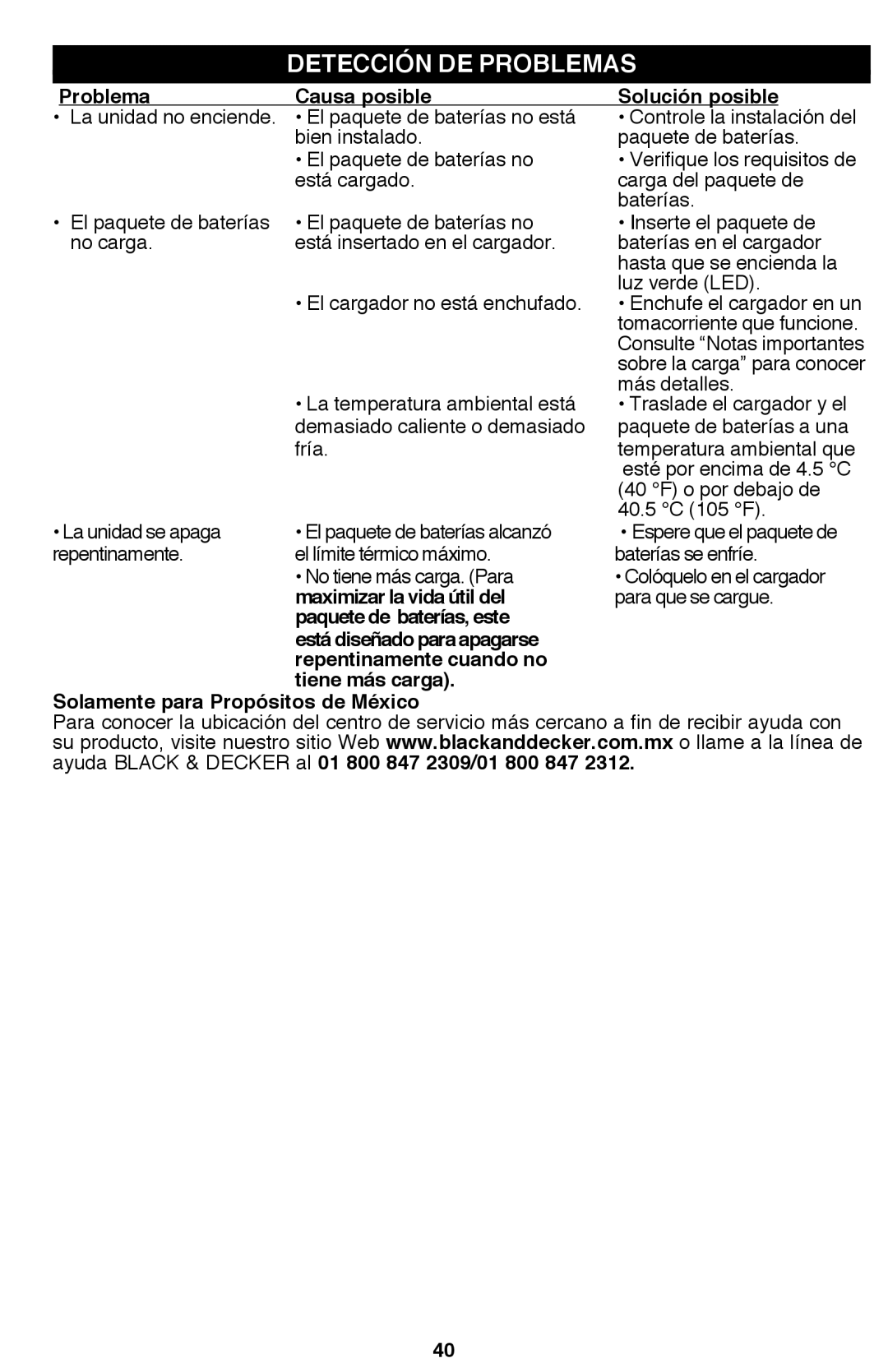 Black & Decker PSL12 Detección de problemas, Problema Causa posible Solución posible, Maximizar la vida útil del 