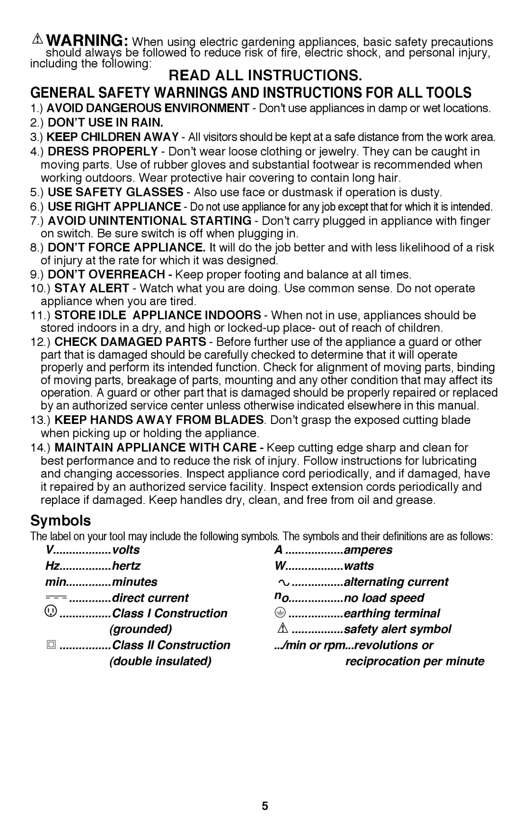 Black & Decker PSL12 instruction manual Symbols 