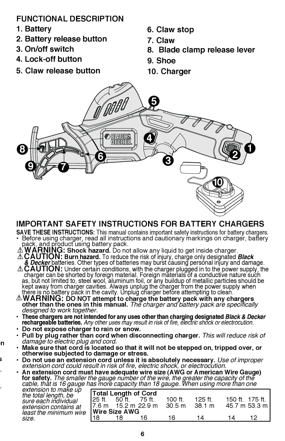 Black & Decker PSL12 instruction manual Total Length of Cord, Wire Size AWG 