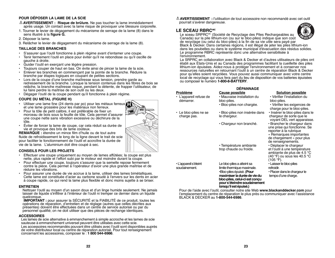 Black & Decker PSL12 instruction manual Le Sceau Rbrcmc, Entretien, Accessoires 