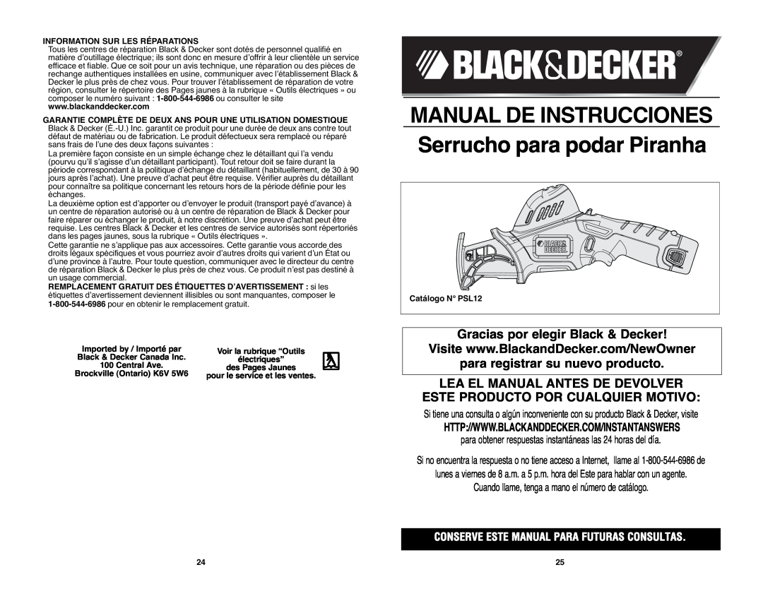 Black & Decker PSL12 MANUAL DE INSTRUCCIONES Serrucho para podar Piranha, Gracias por elegir Black & Decker 