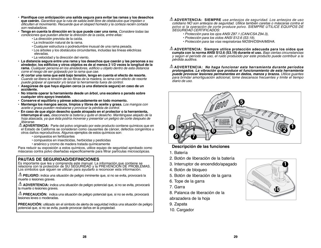 Black & Decker PSL12 instruction manual Descripción de las funciones, Pautas De Seguridad/Definiciones, Cargador 