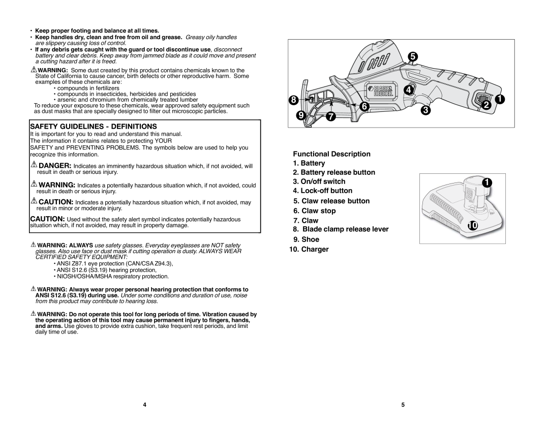 Black & Decker PSL12 Functional Description 1. Battery 2. Battery release button, Safety Guidelines - Definitions 