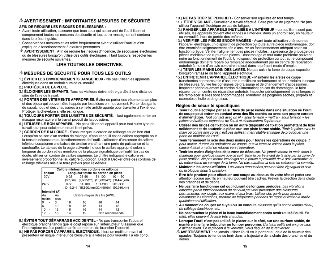 Black & Decker PSL12 instruction manual Avertissement Importantes Mesures De Sécurité, Règles de sécurité spécifiques 
