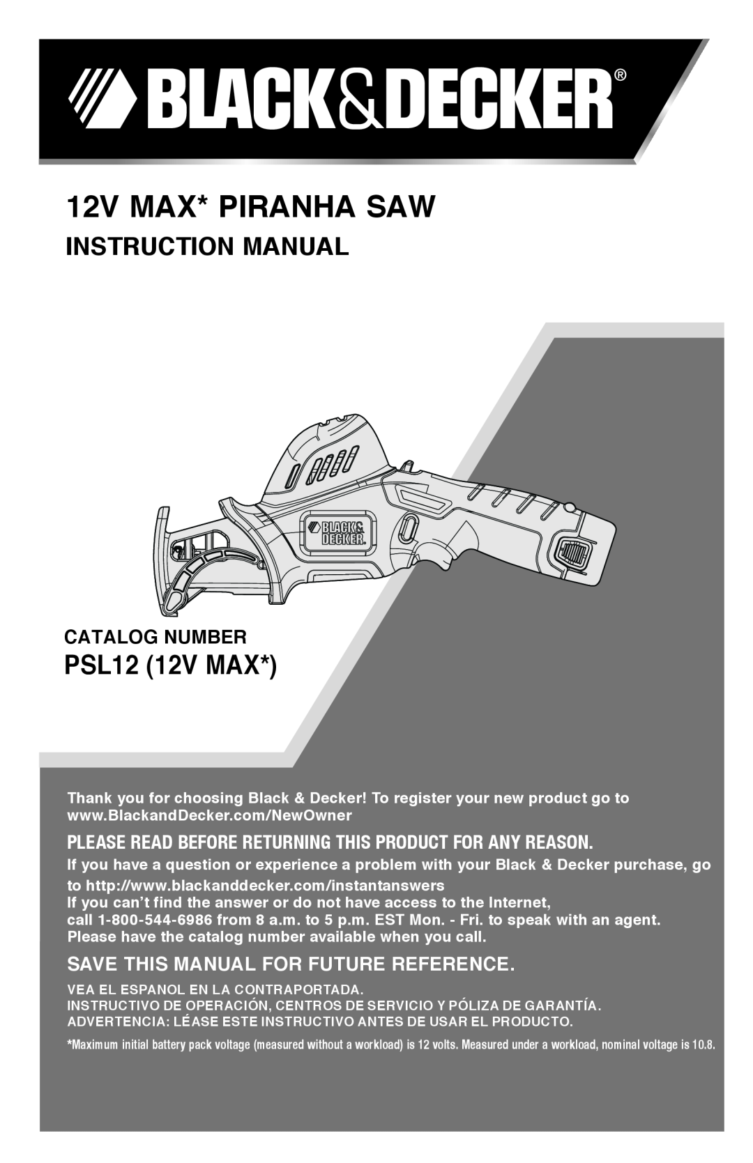 Black & Decker instruction manual PSL12 12V MAX, Save this manual for future reference, 12V max* PIRANHA SAW 