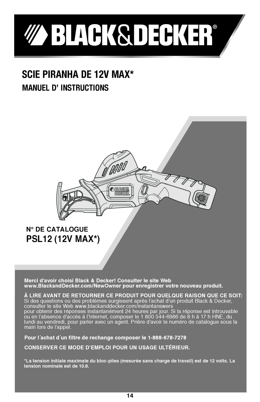 Black & Decker instruction manual Scie Piranha DE 12V MAX, Manuel D’ Instructions, PSL12 12V MAX 