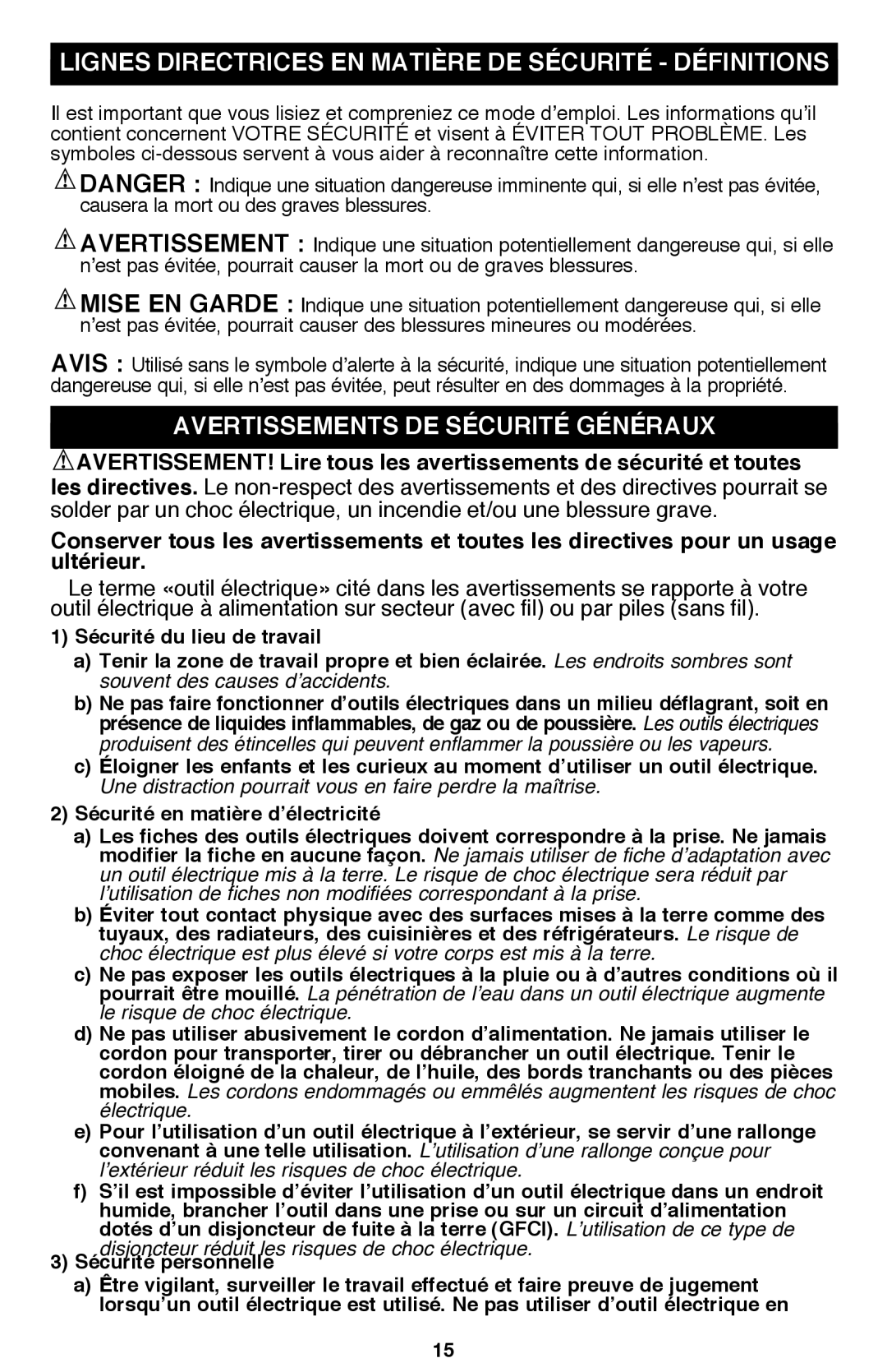 Black & Decker PSL12 Lignes Directrices En Matière De Sécurité - Définitions, Avertissements de sécurité généraux 