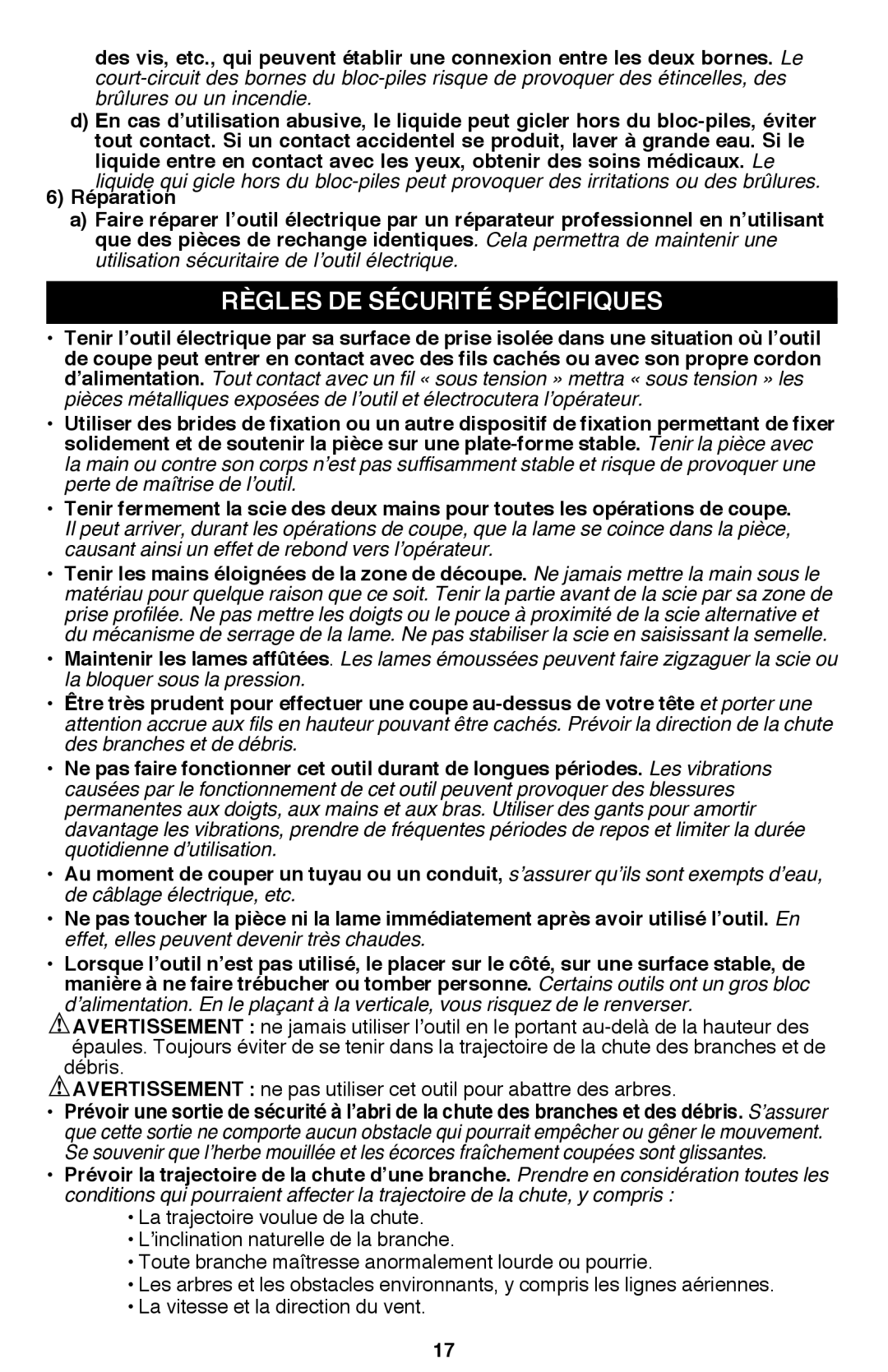 Black & Decker PSL12 instruction manual Règles de sécurité spécifiques 