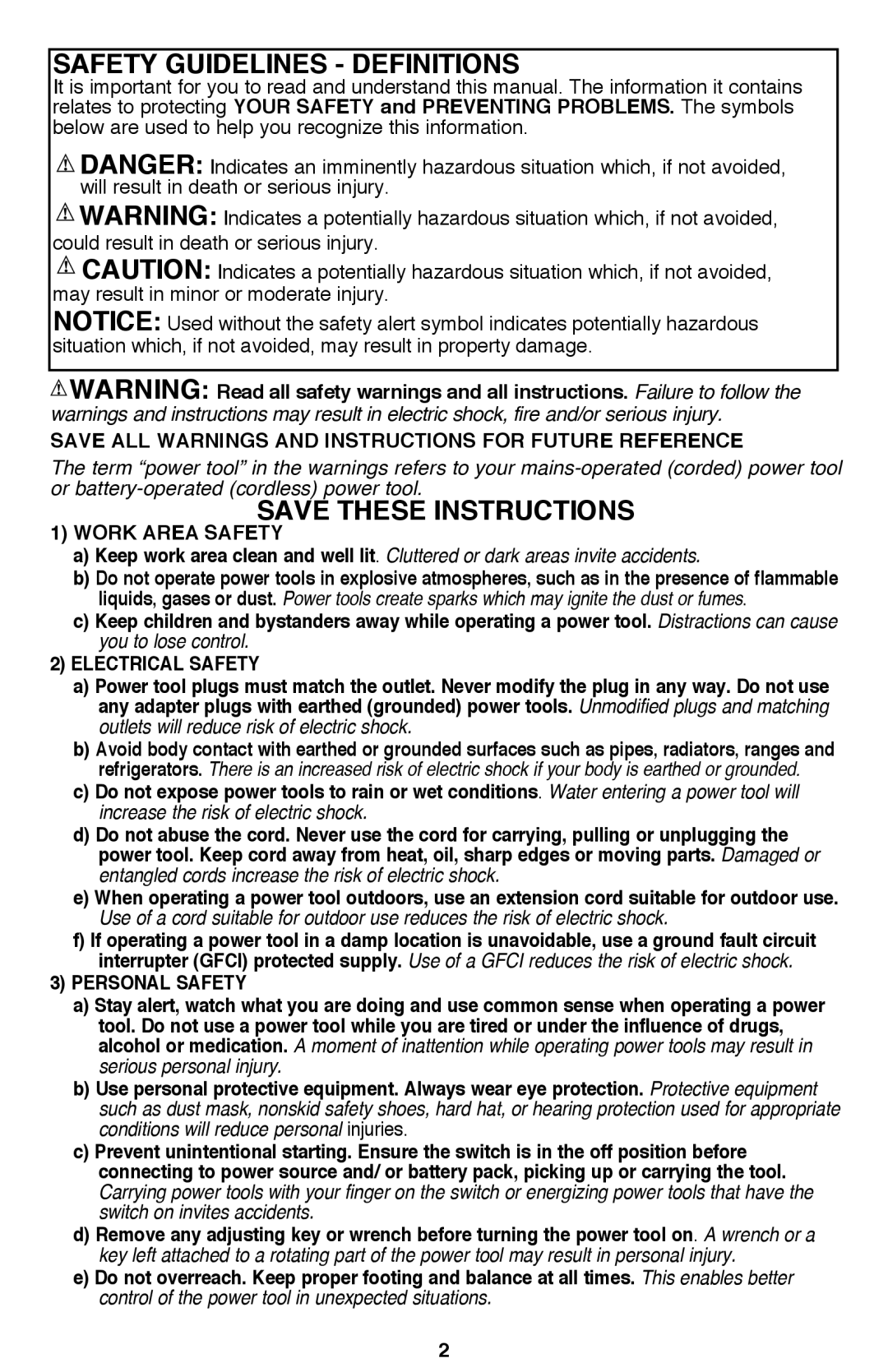 Black & Decker PSL12 instruction manual Safety Guidelines - Definitions, Save these instructions 