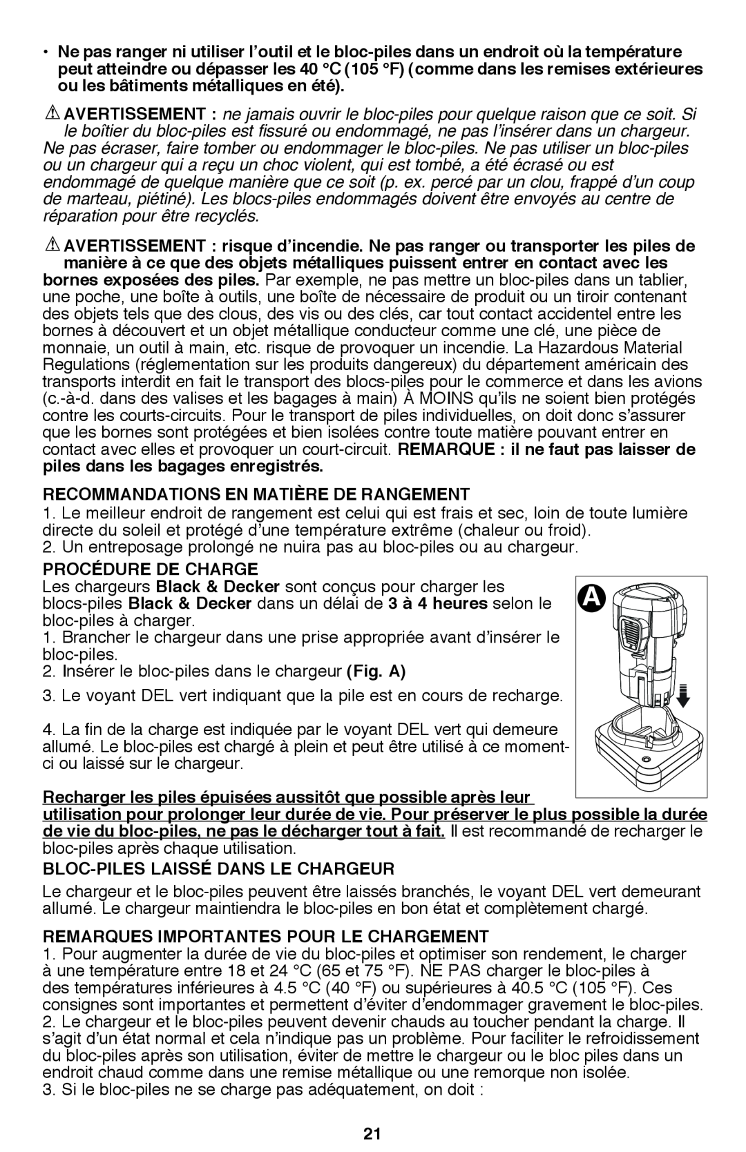 Black & Decker PSL12 Recommandations en matière de rangement, Procédure de charge, Bloc-piles laissé dans le chargeur 