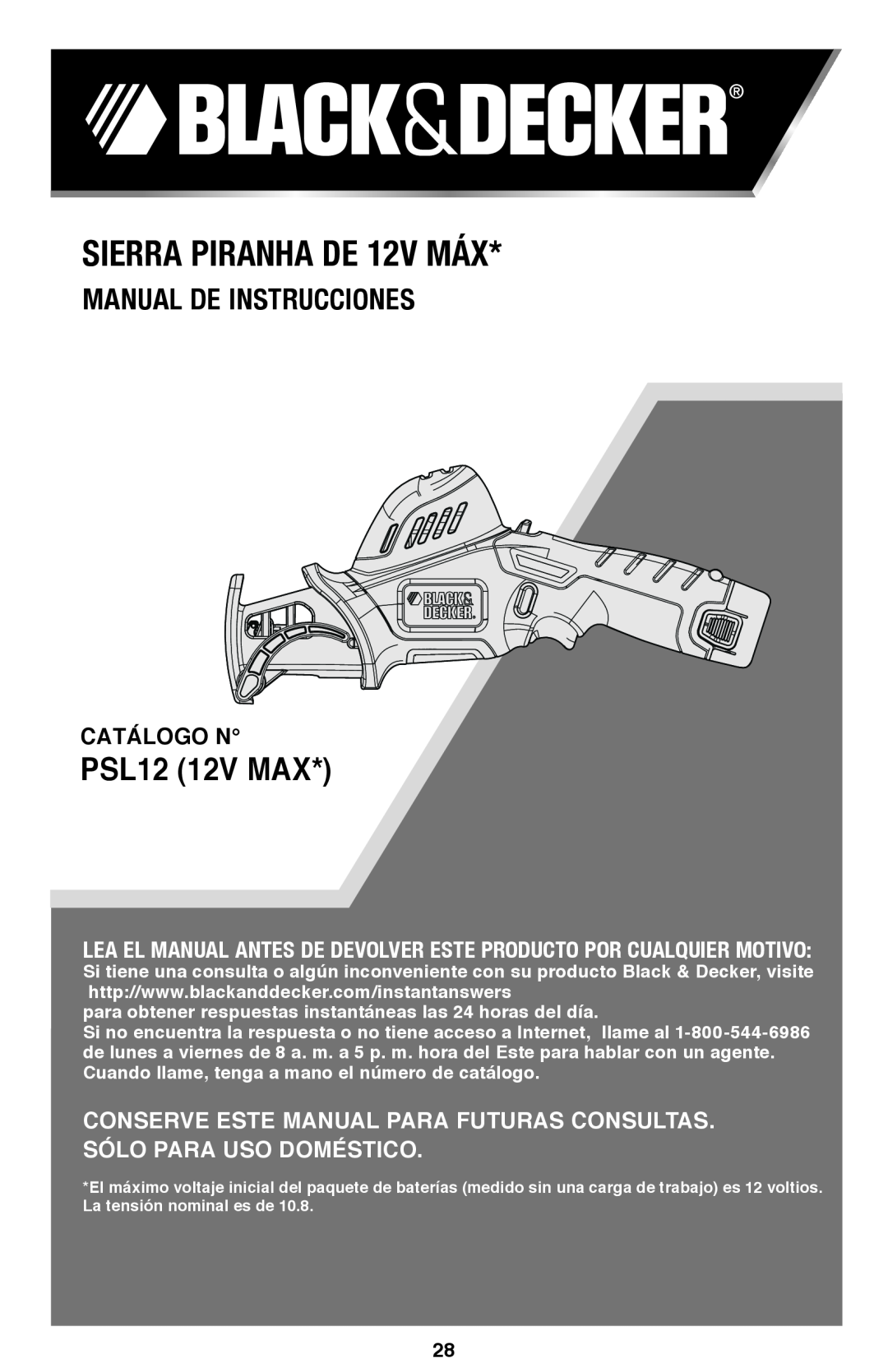 Black & Decker instruction manual Sierra Piranha DE 12V MÁX, Manual De Instrucciones, PSL12 12V MAX 