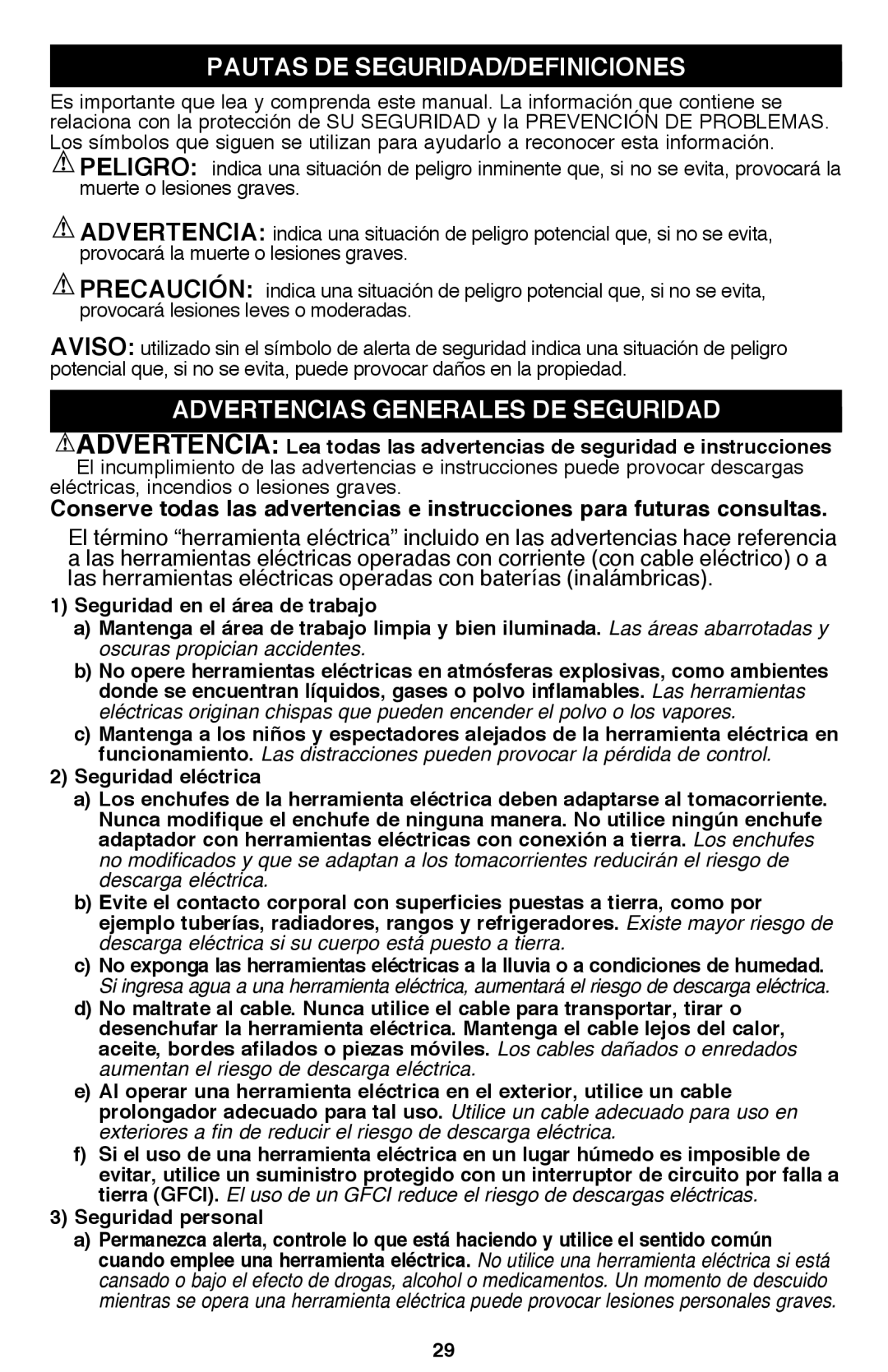 Black & Decker PSL12 instruction manual Pautas De Seguridad/Definiciones, Advertencias generales de seguridad 