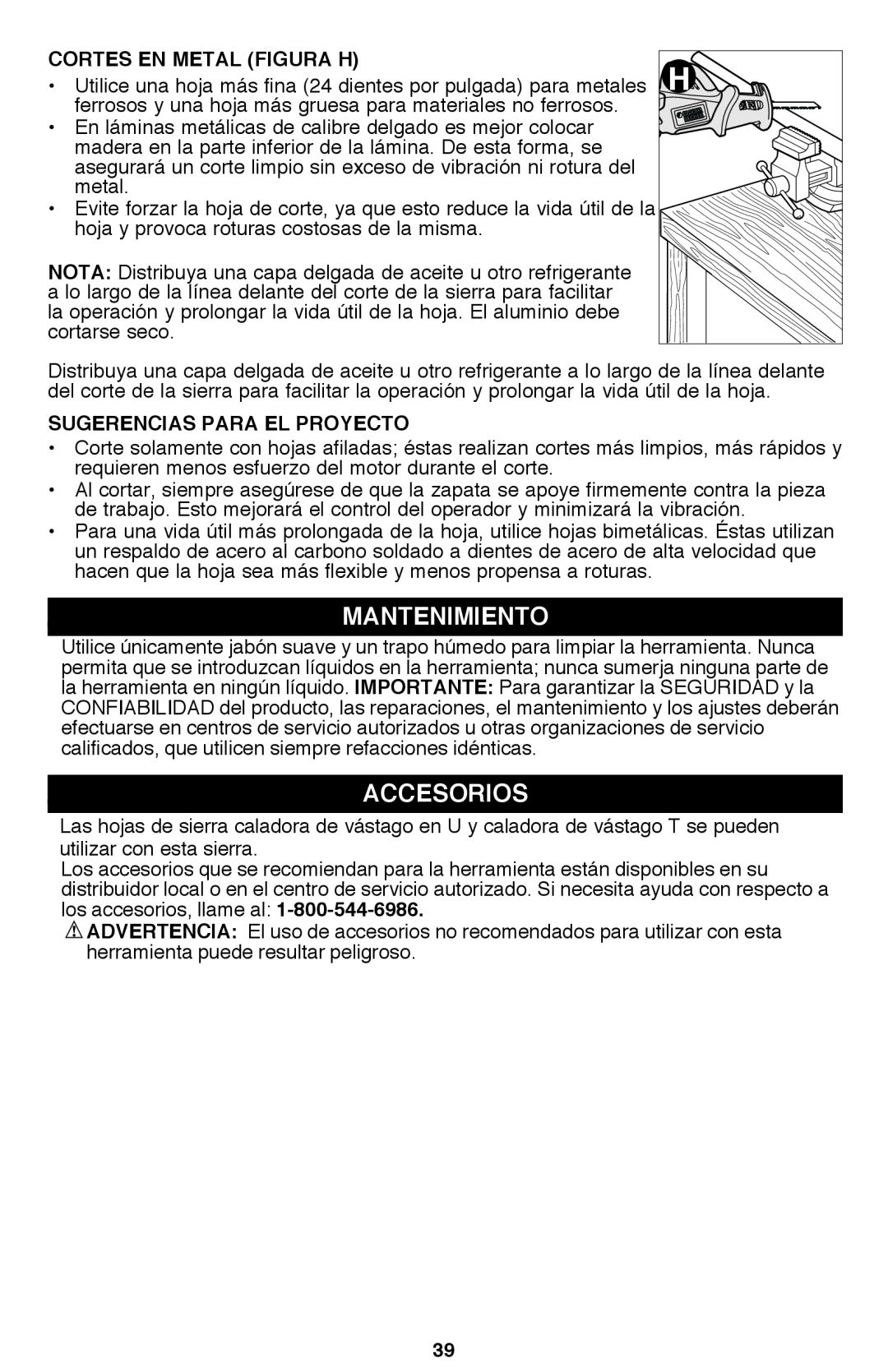 Black & Decker PSL12 instruction manual Mantenimiento, Accesorios, Cortes en metal Figura H, Sugerencias Para El Proyecto 