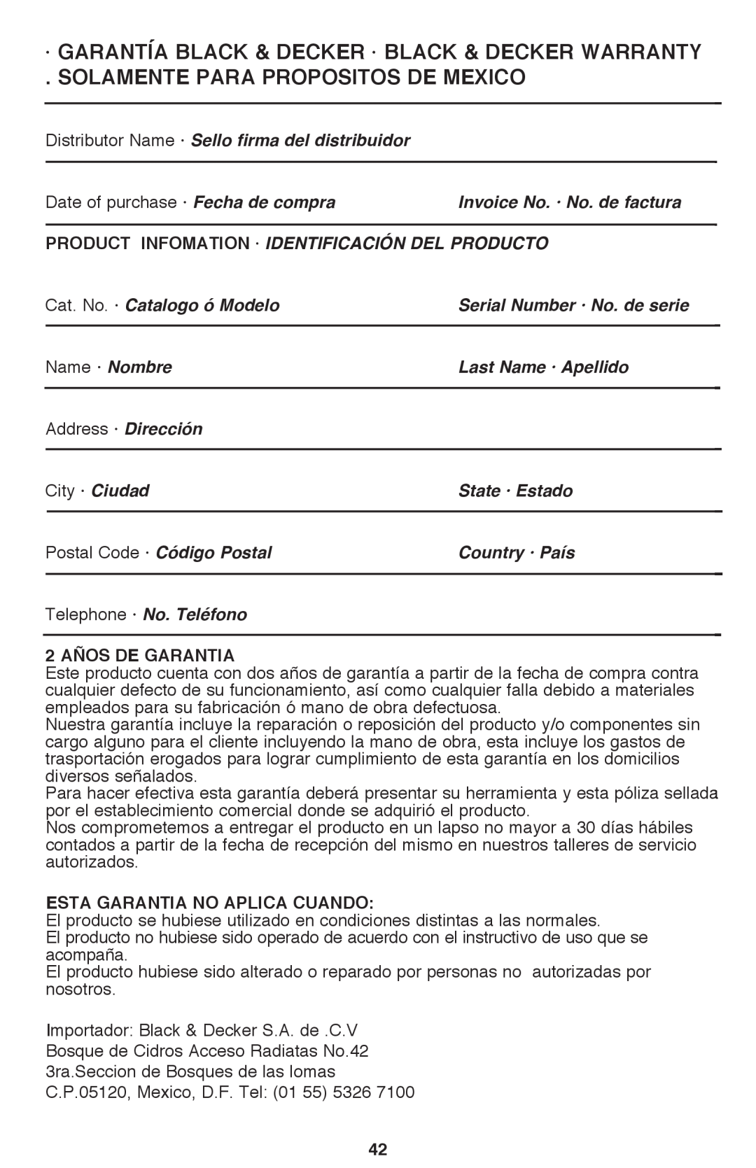 Black & Decker PSL12 · Garantía Black & Decker · Black & Decker Warranty, Solamente Para Propositos De Mexico 