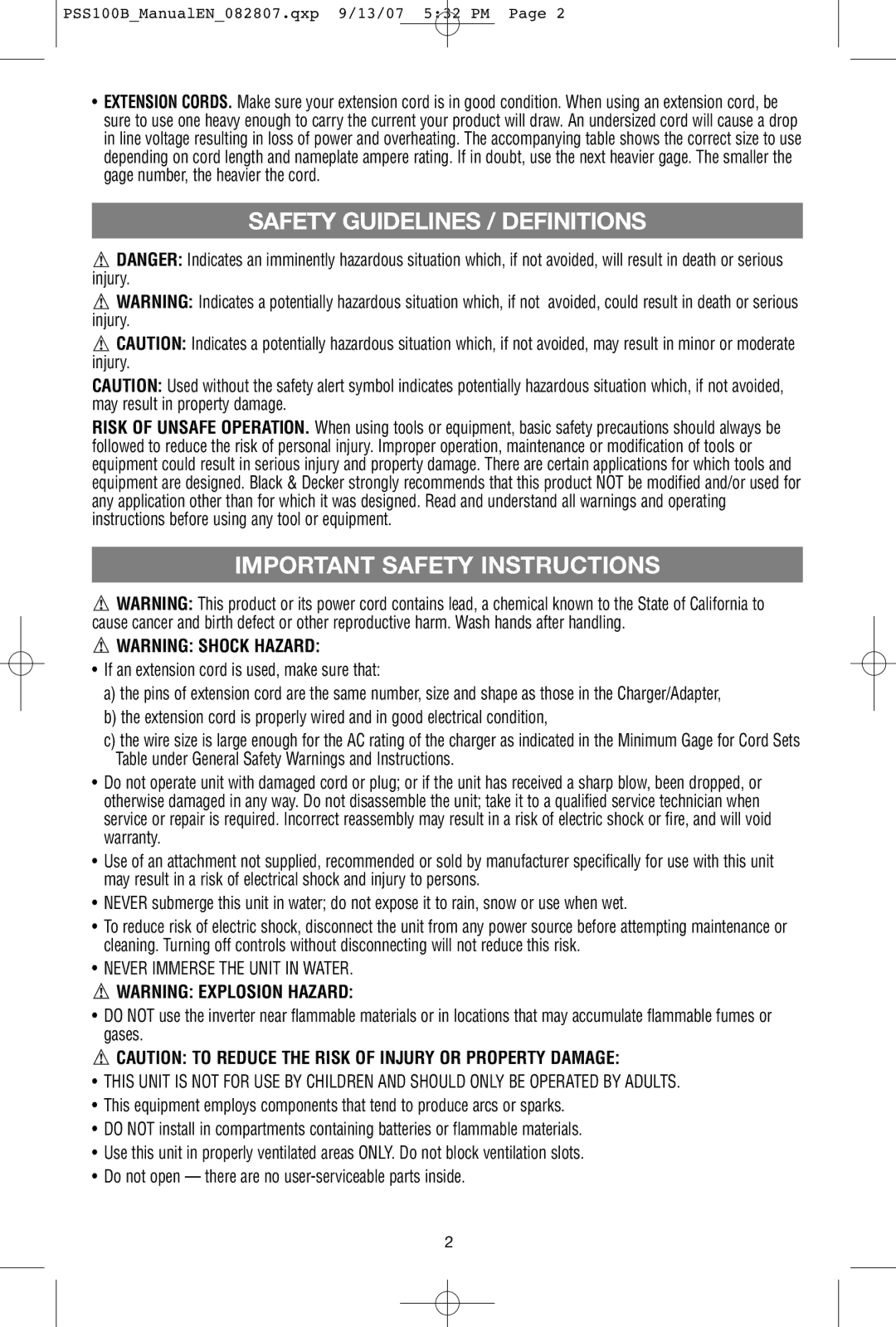 Black & Decker 90521849, PSS100B Safety Guidelines / Definitions, If an extension cord is used, make sure that 