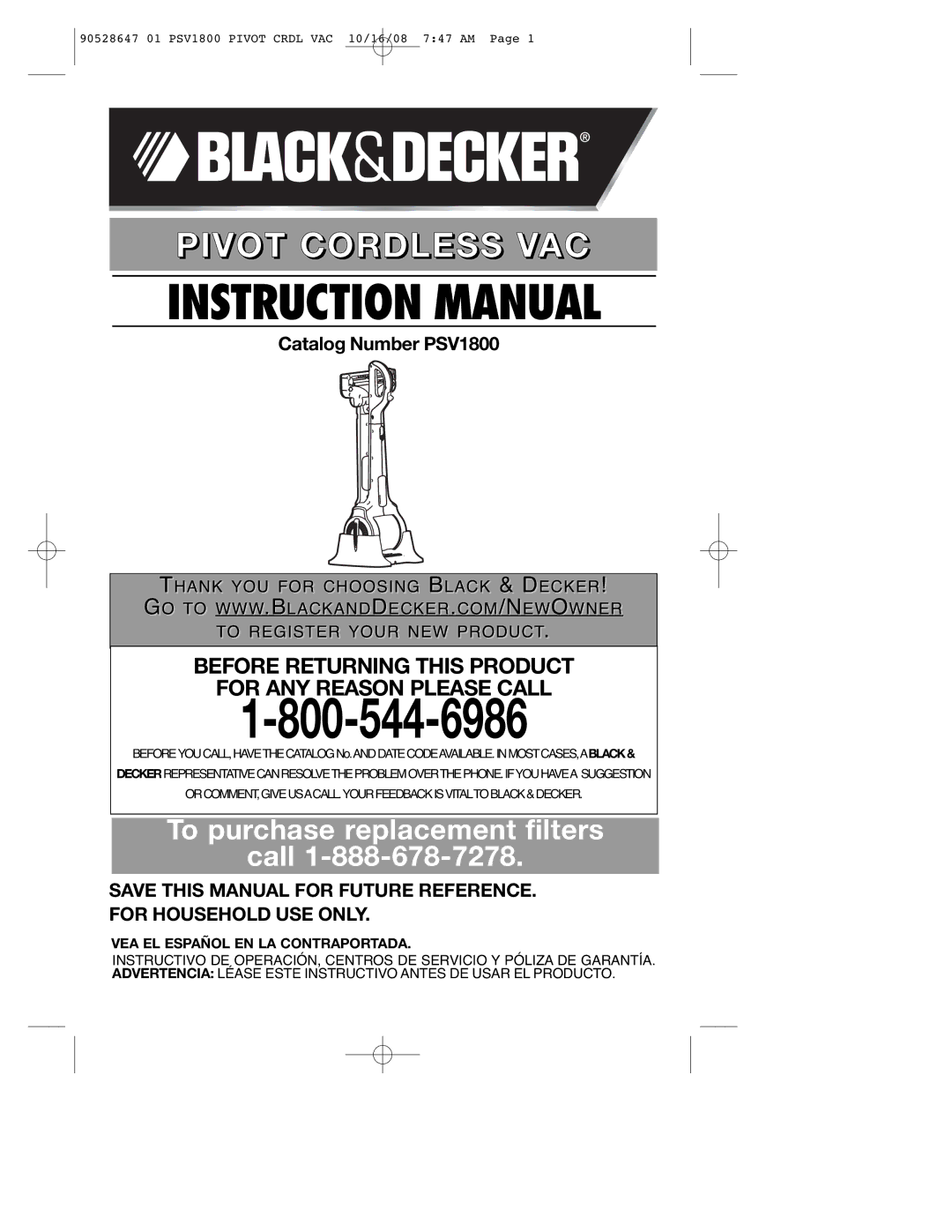 Black & Decker 90528647, PSV1800 instruction manual Pivot Cordless VAC, VEA EL Español EN LA Contraportada 